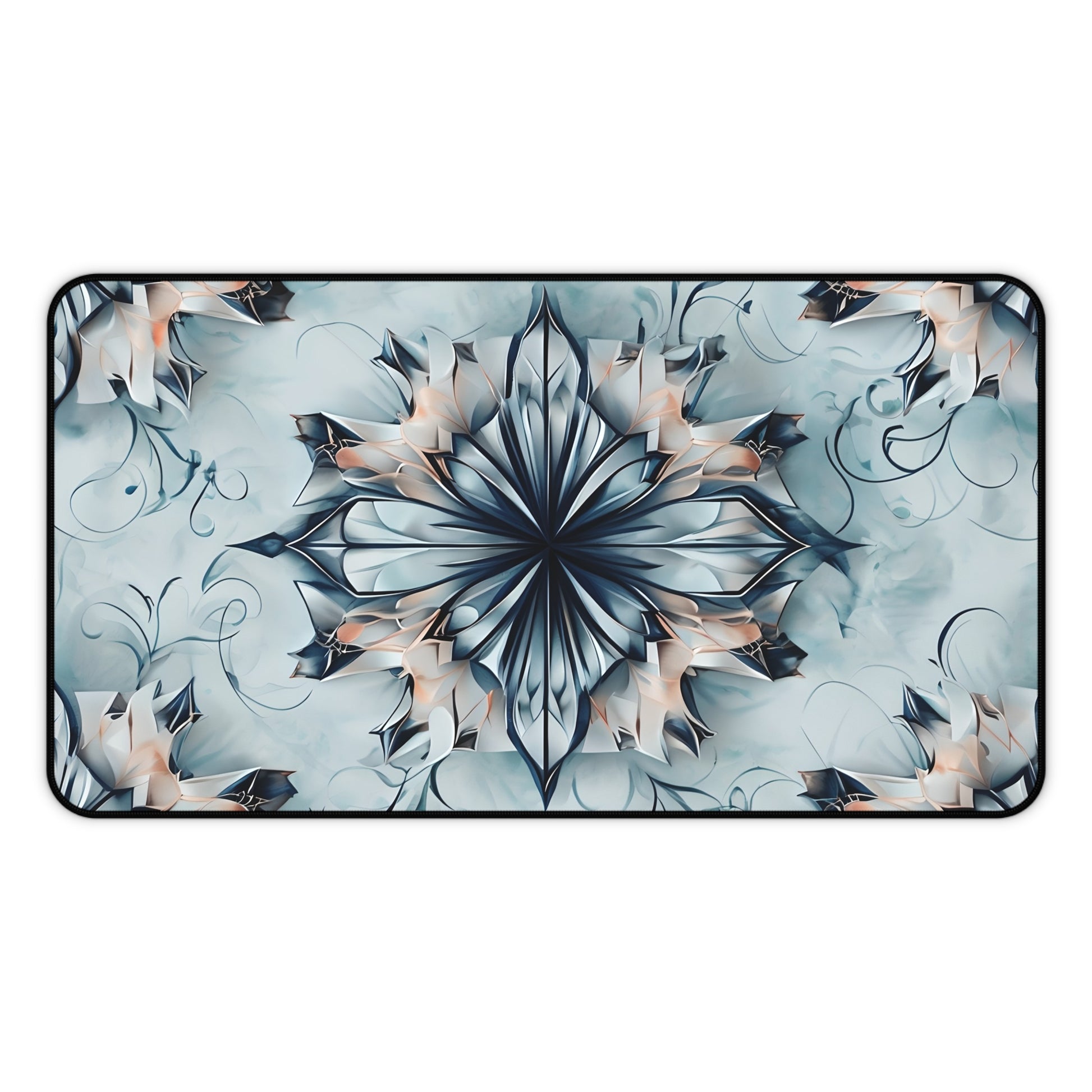 Indigo Mirage desk mat featuring soft blue abstract mirage pattern