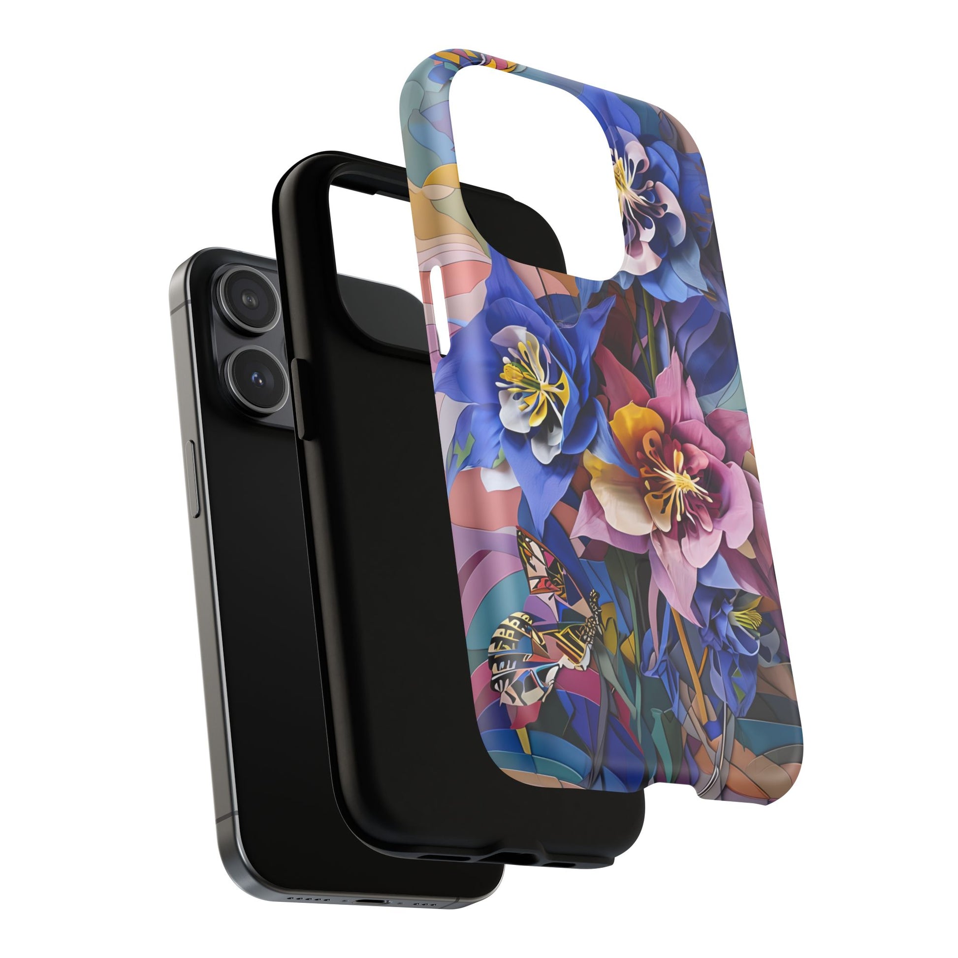 Blue Columbine Carnivale - Artistic Floral & Butterfly iPhone 15 Pro MagSafe Phone Case - Vibrant Botanical Design