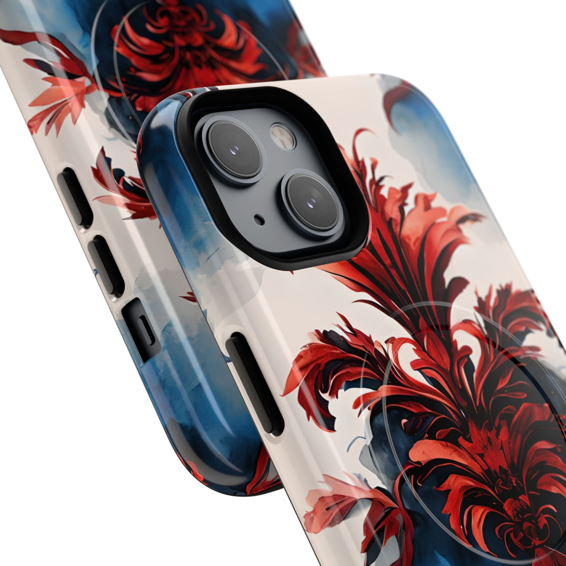 Crimson Plume - Bold Artistic Feather iPhone 14 MagSafe Phone Case - Dramatic Red & Blue Design