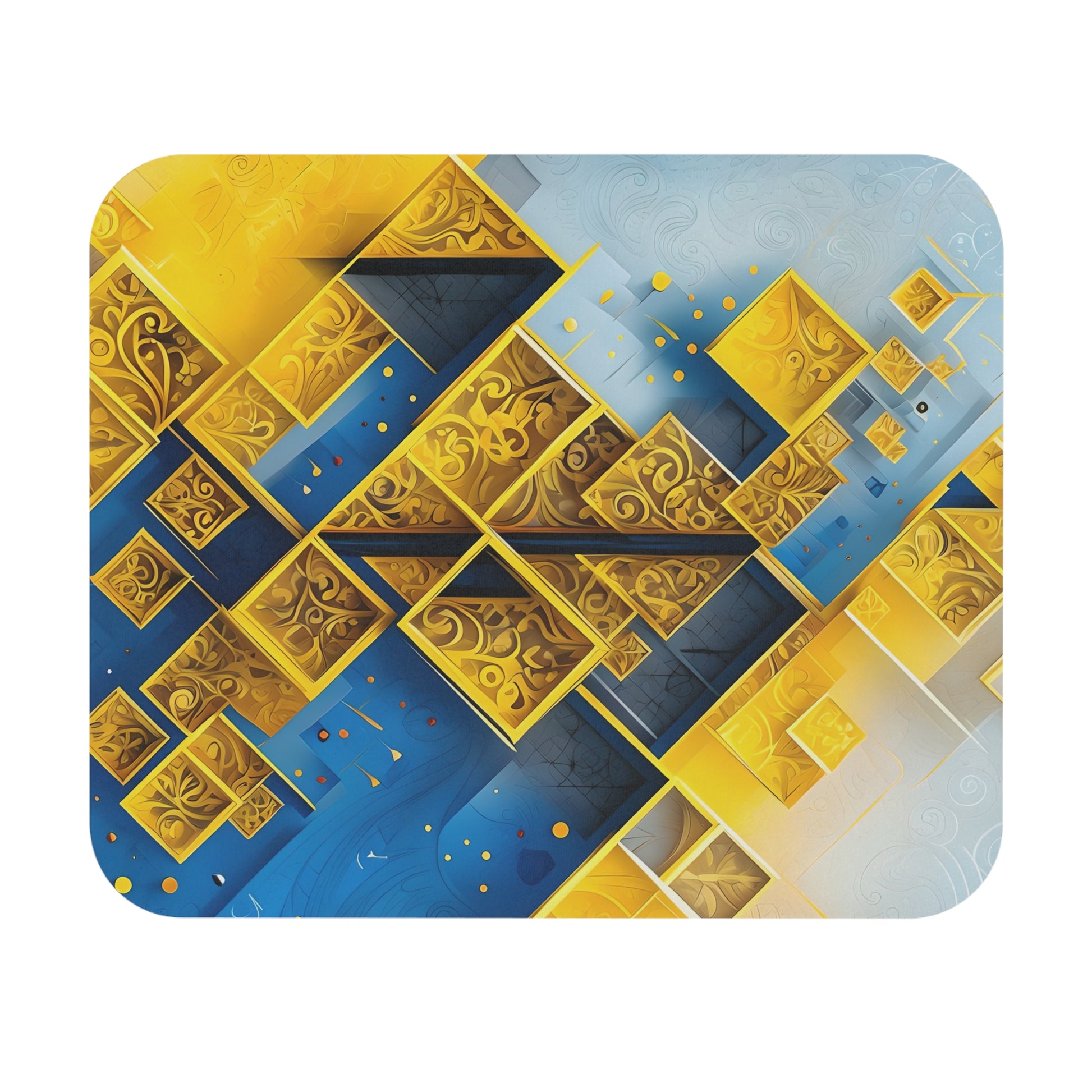 Golden Ascent mouse pad featuring bold geometric gold and blue pattern