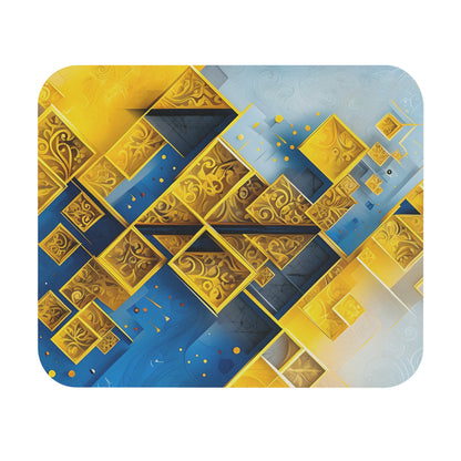 Golden Ascent mouse pad featuring bold geometric gold and blue pattern