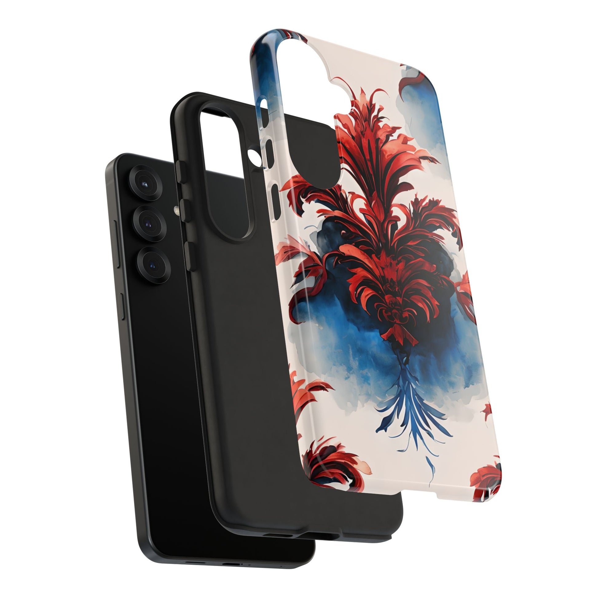 Crimson Plume - Bold Artistic Feather Samsung Galaxy S25 Plus Tough Phone Case - Dramatic Red & Blue Design