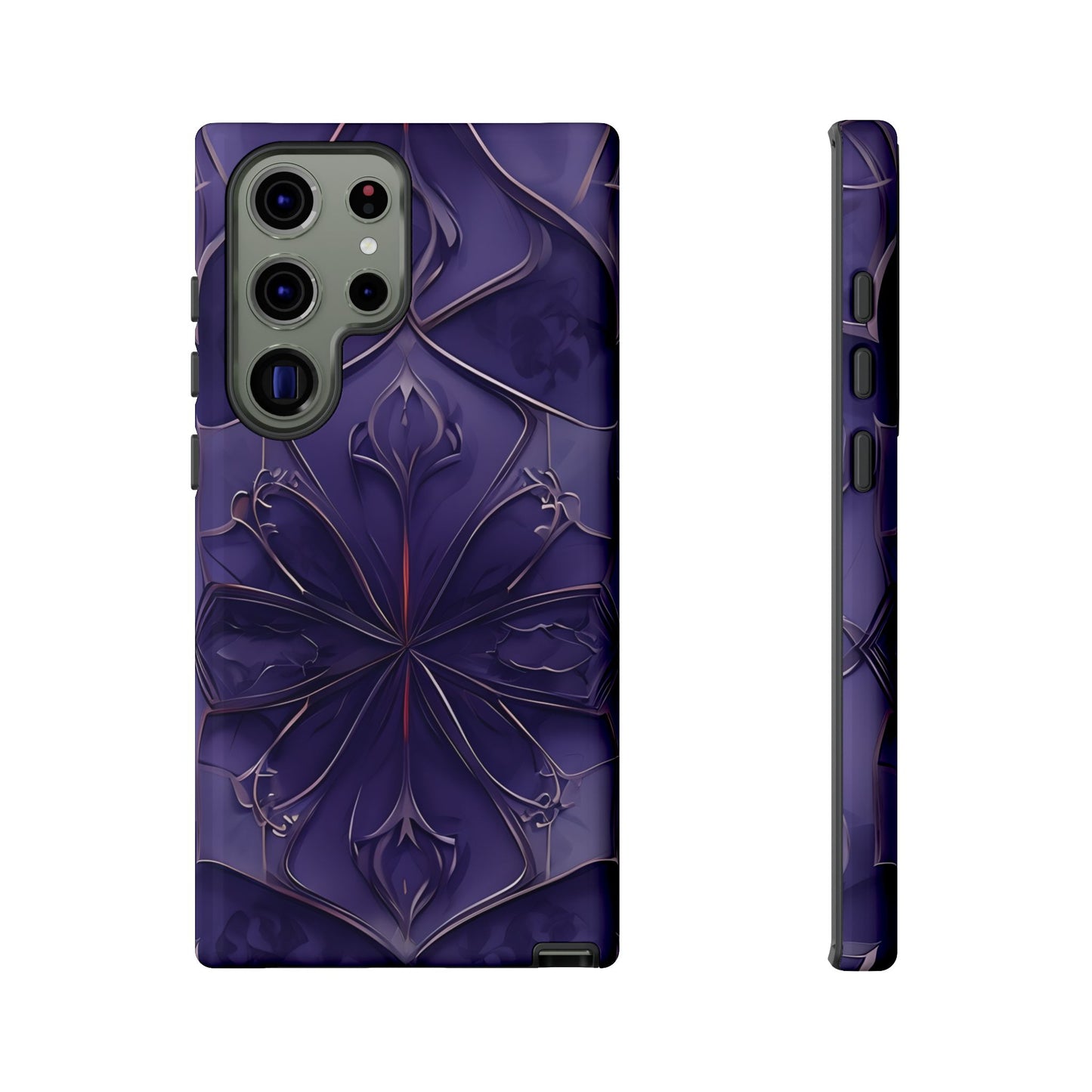 Violet Nebula Samsung Galaxy tough case with deep purple abstract floral mandala design, back and side view