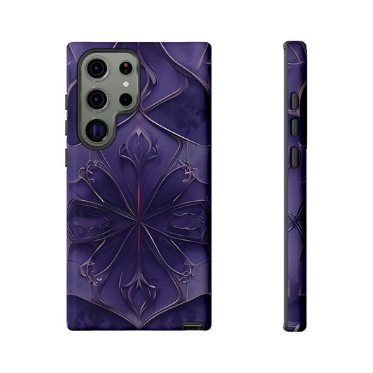 Violet Nebula Samsung Galaxy tough case with deep purple abstract floral mandala design, back and side view