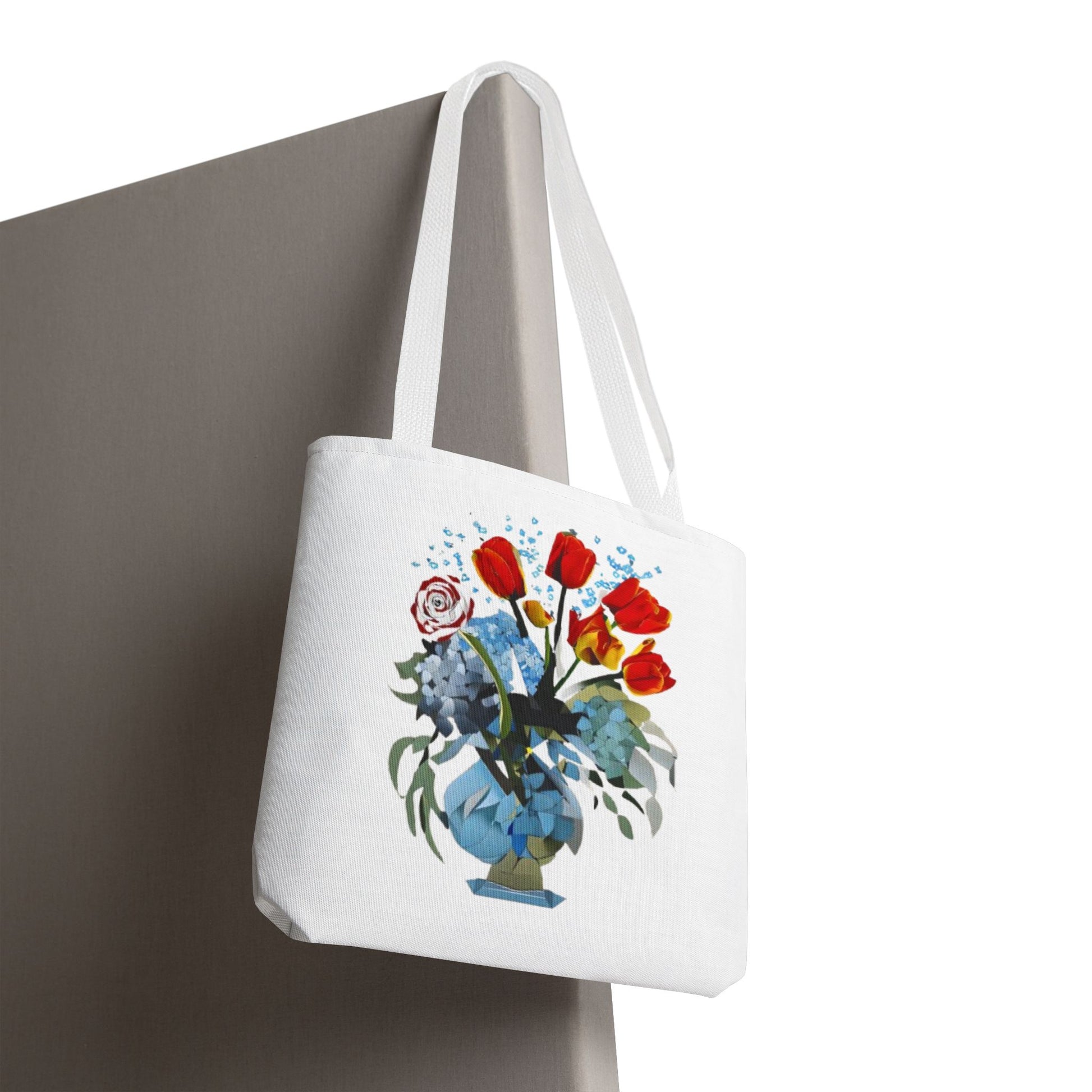 Bouquet Brilliance canvas tote bag hanging with bright floral bouquet design
