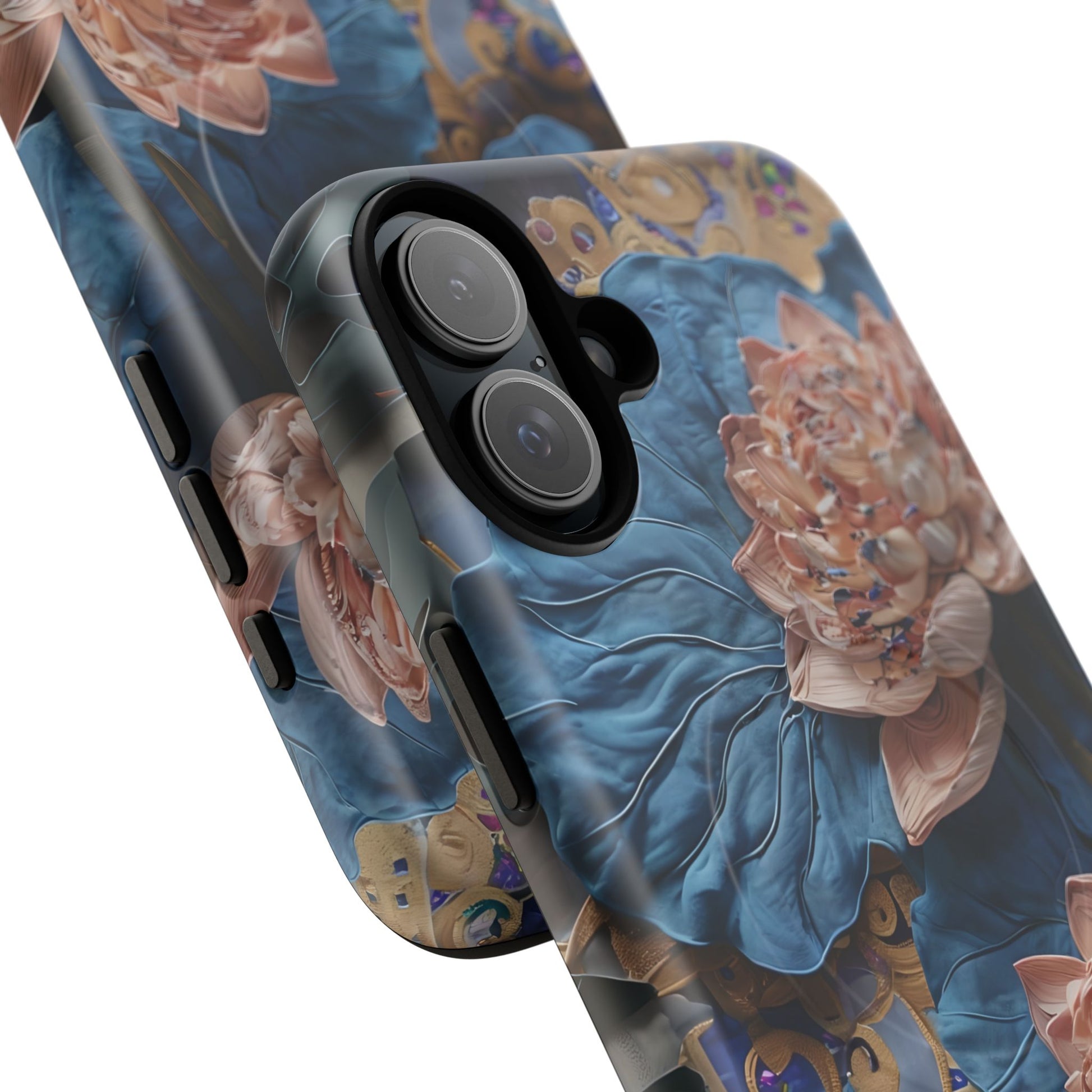 Peony Midnight Tapestry - iPhone 16 Plus - MagSafe Compatible - Elegant Blue & Blush Artful Phone Cover