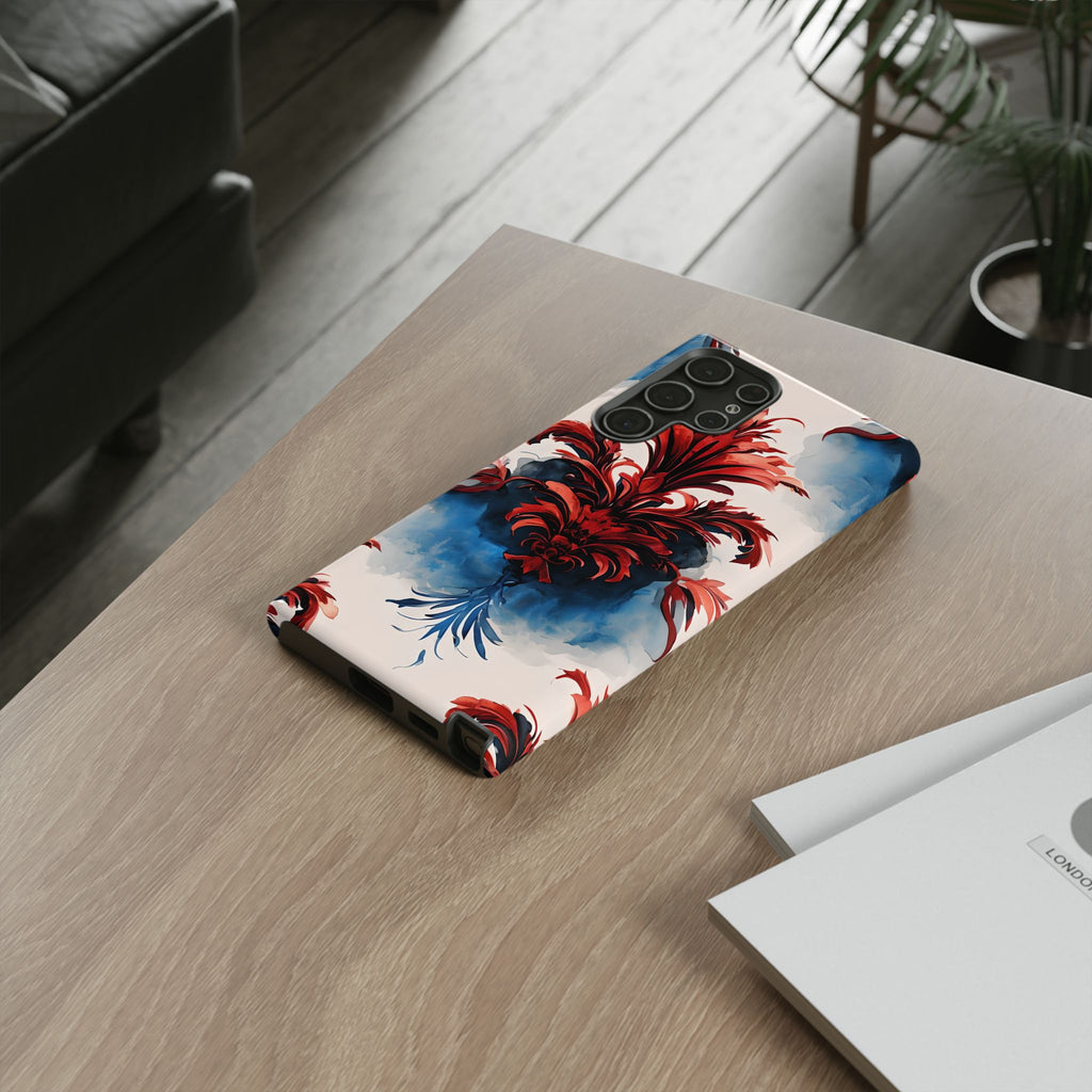 Crimson Plume - Bold Artistic Feather Samsung Galaxy S22 Ultra Tough Phone Case - Dramatic Red & Blue Design