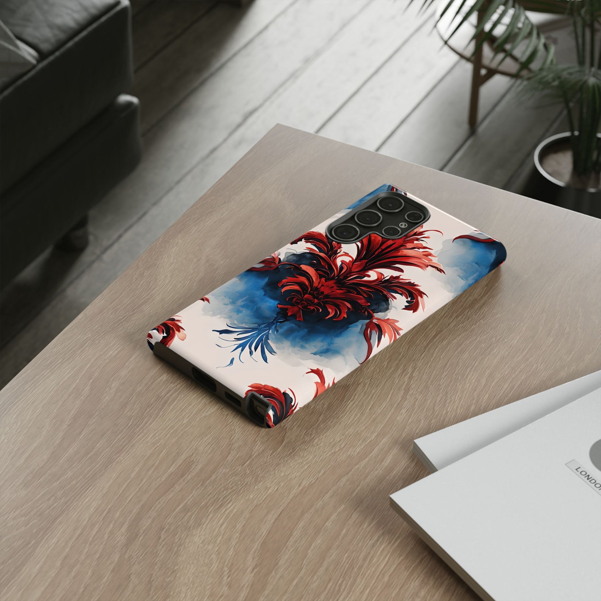 Crimson Plume - Bold Artistic Feather Samsung Galaxy S22 Ultra Tough Phone Case - Dramatic Red & Blue Design