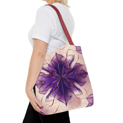 Violet Reverie canvas tote bag worn over shoulder showing vibrant violet and red flower artwork