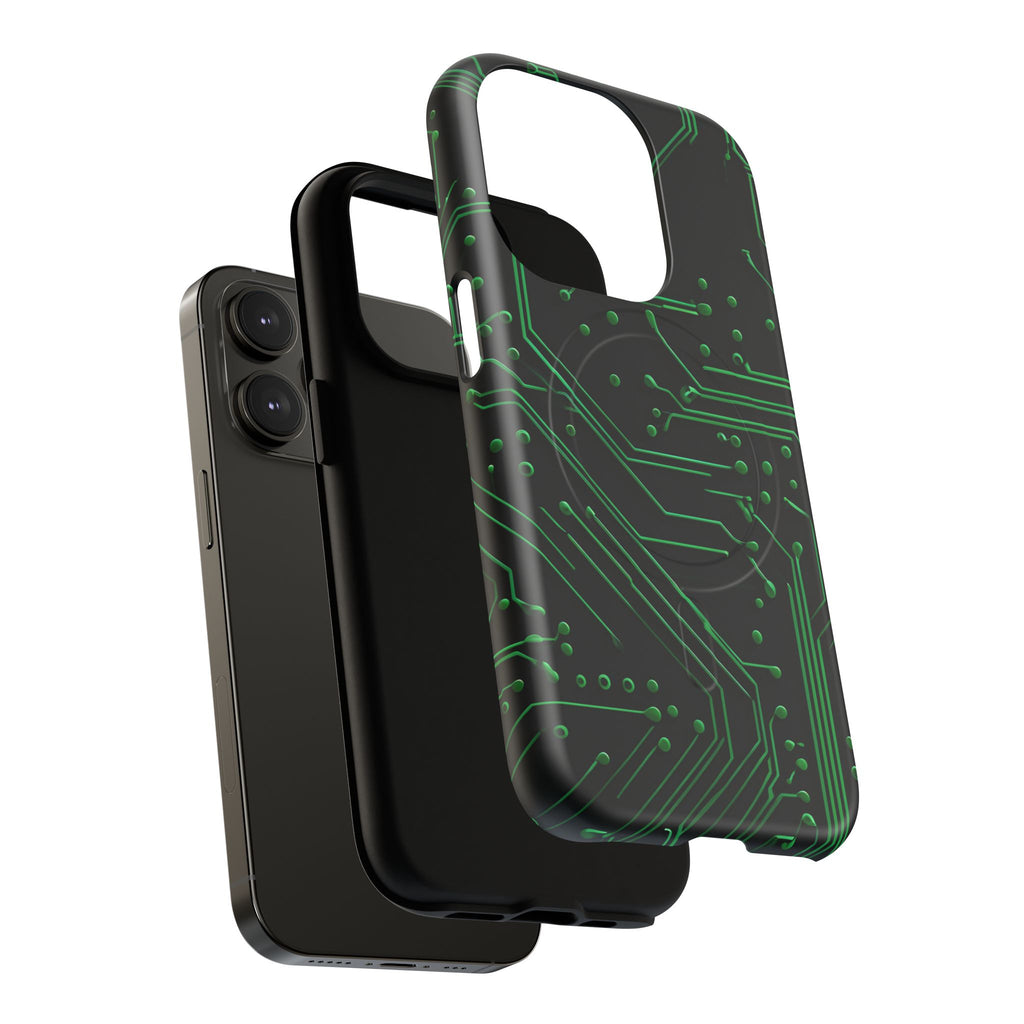 Green Circuit Grid iPhone 14 Pro MagSafe Compatible case- Tech-Inspired Shockproof Cover