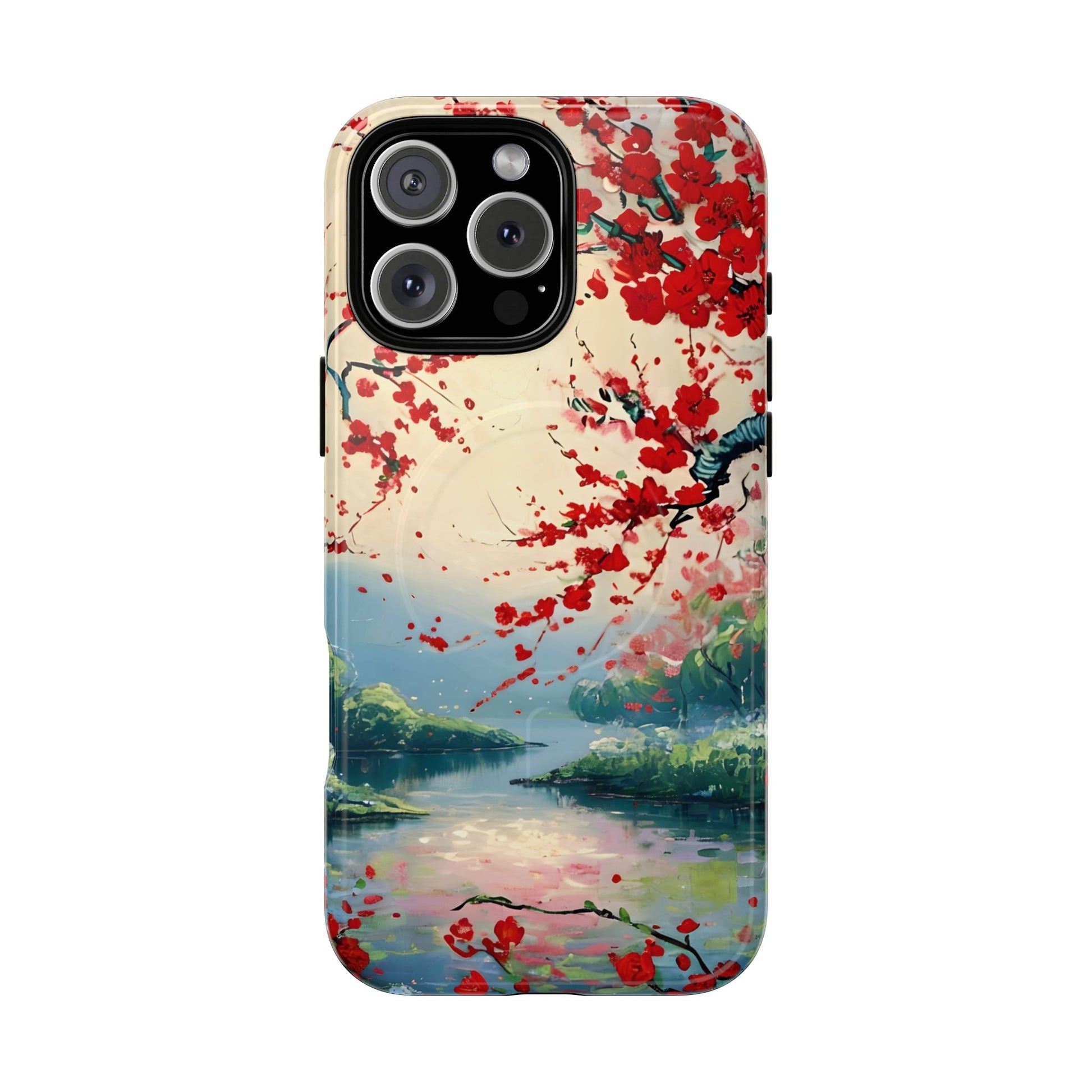 Crimson Blossom Lake - Artistic Floral Landscape iPhone 16 Pro Max MagSafe Phone Case - Red Cherry Blossoms & Serene Lake Design