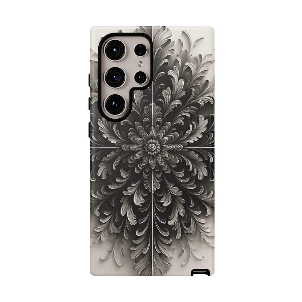 Obsidian Bloom - Elegant Black & White Samsung Galaxy S24 Ultra Tough Phone Case - Intricate Mandala Flower Design