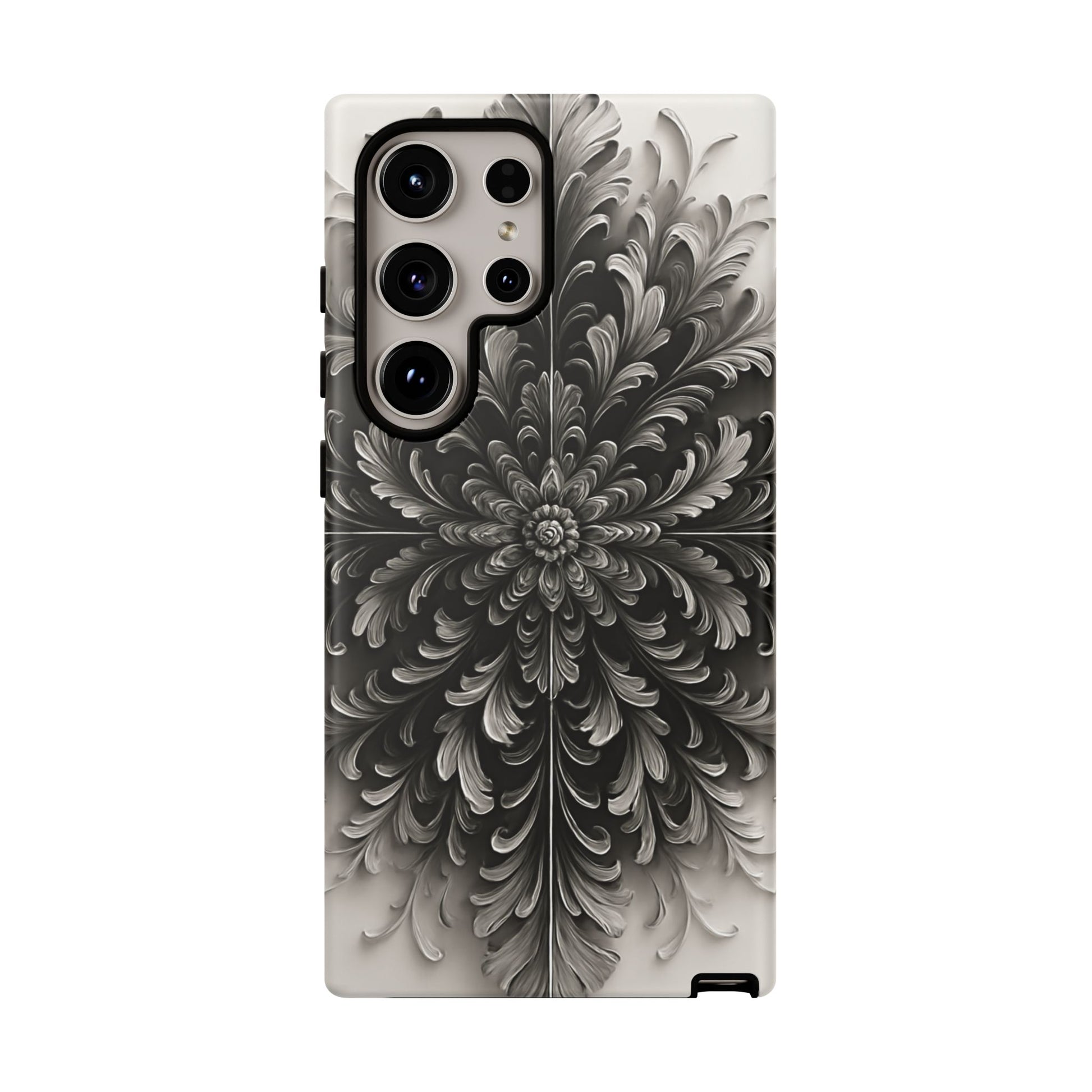 Obsidian Bloom - Elegant Black & White Samsung Galaxy S24 Ultra Tough Phone Case - Intricate Mandala Flower Design