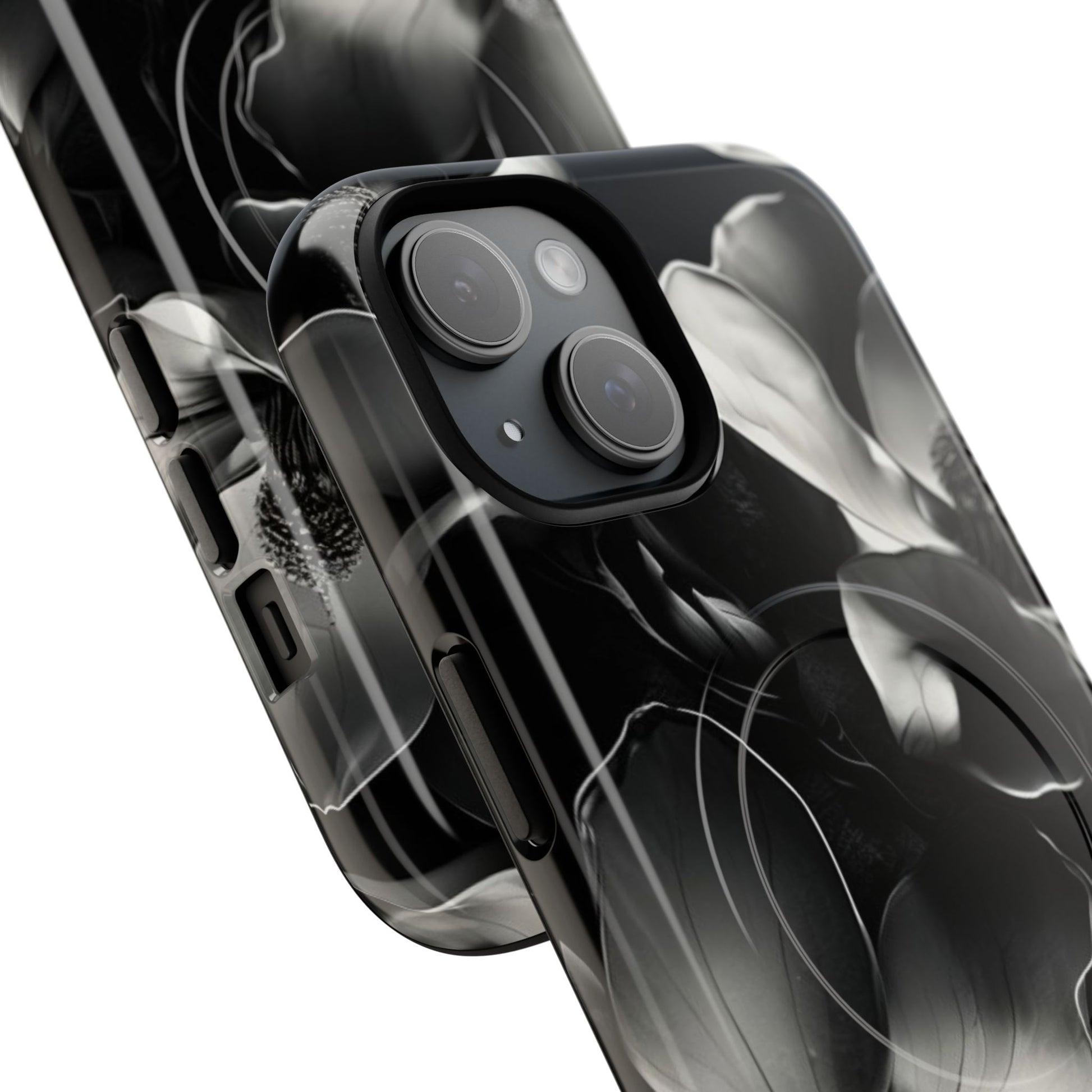 Monochrome Magnolia - Elegant Black & White Floral iPhone 15 MagSafe Phone Case - Artistic Magnolia Design