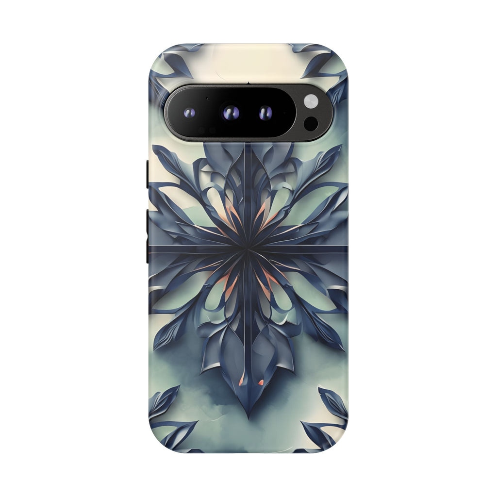 Frosted Indigo Bloom - Artistic Kaleidoscope Collection Artistic Floral - Google Pixel 9 Pro Tough Phone Case - Blue Symmetrical Design