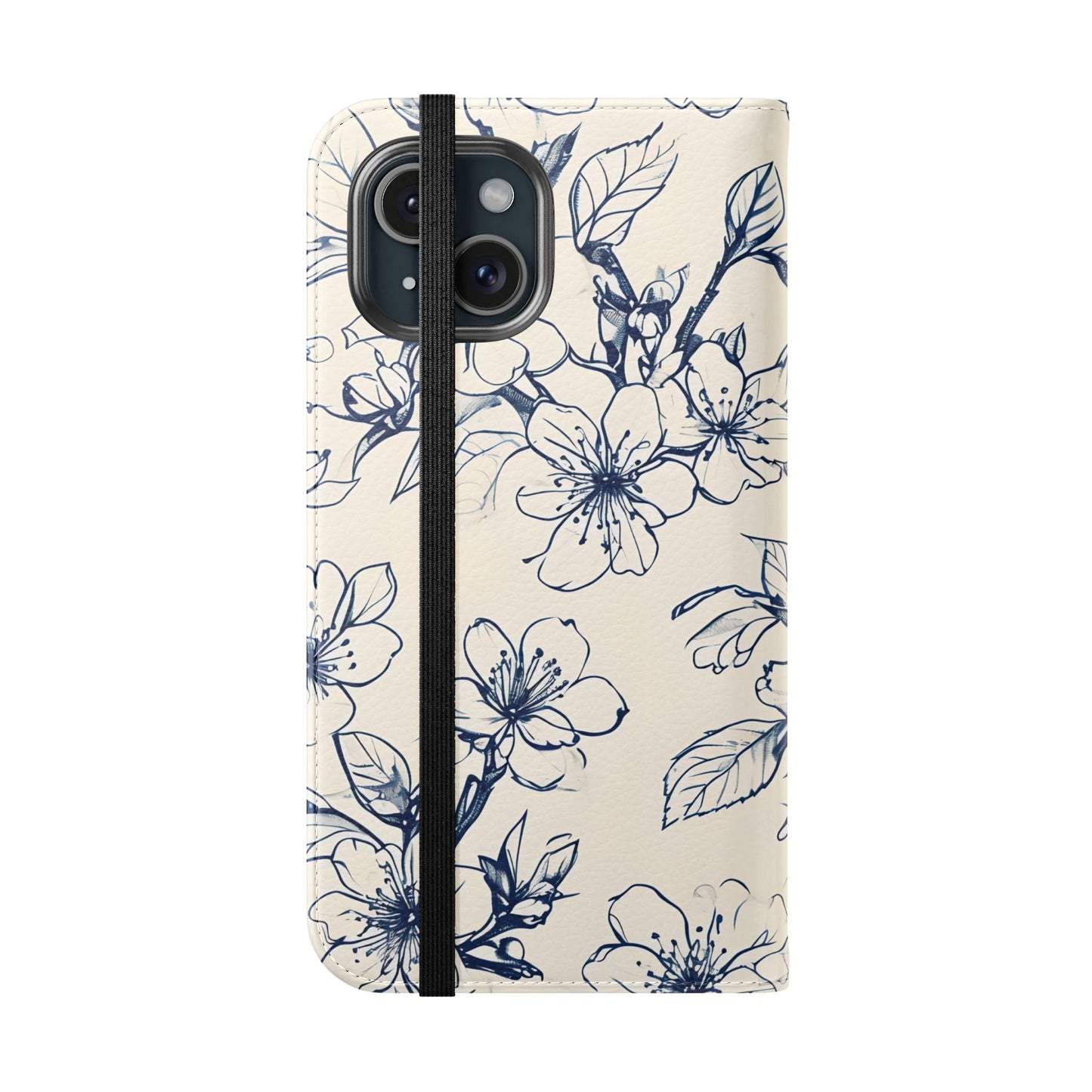 Blossom Sketch navy floral pattern iPhone wallet flip phone case closed
