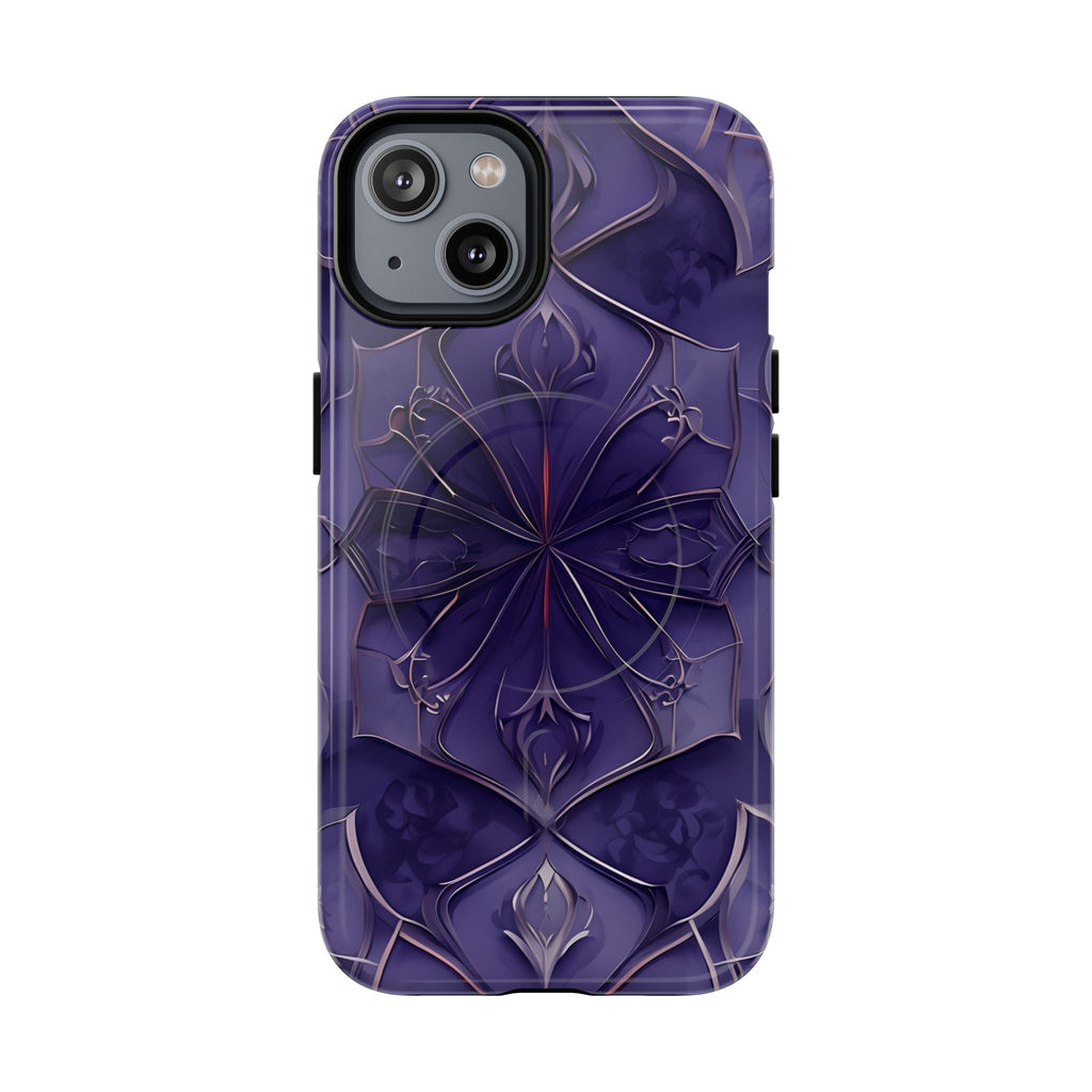 Violet Nebula - Kaleidoscope Collection Artistic Floral Burst - iPhone 14 MagSafe Phone Case -Bold Purple Symmetrical Design