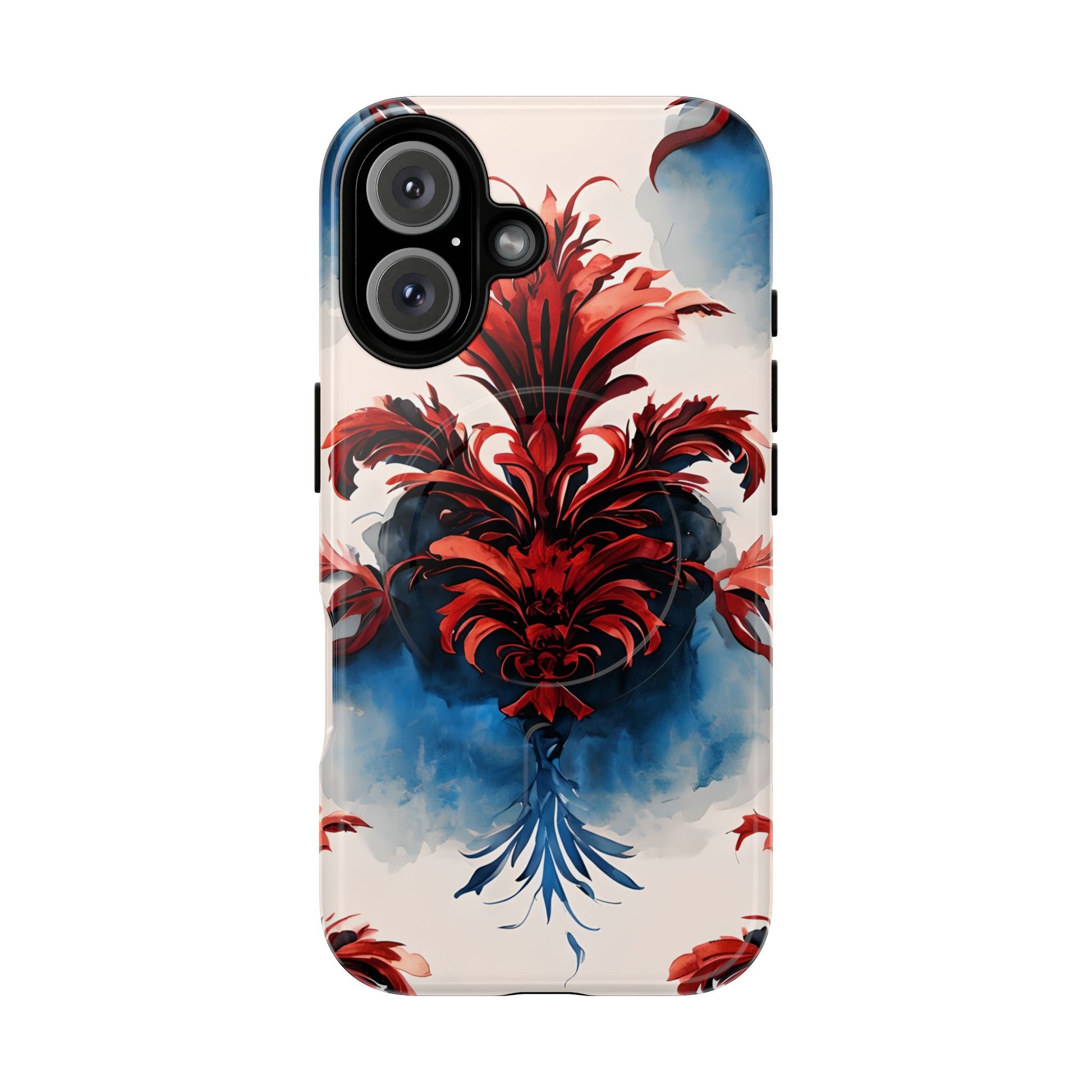 Crimson Plume - Bold Artistic Feather iPhone 16 MagSafe Phone Case - Dramatic Red & Blue Design