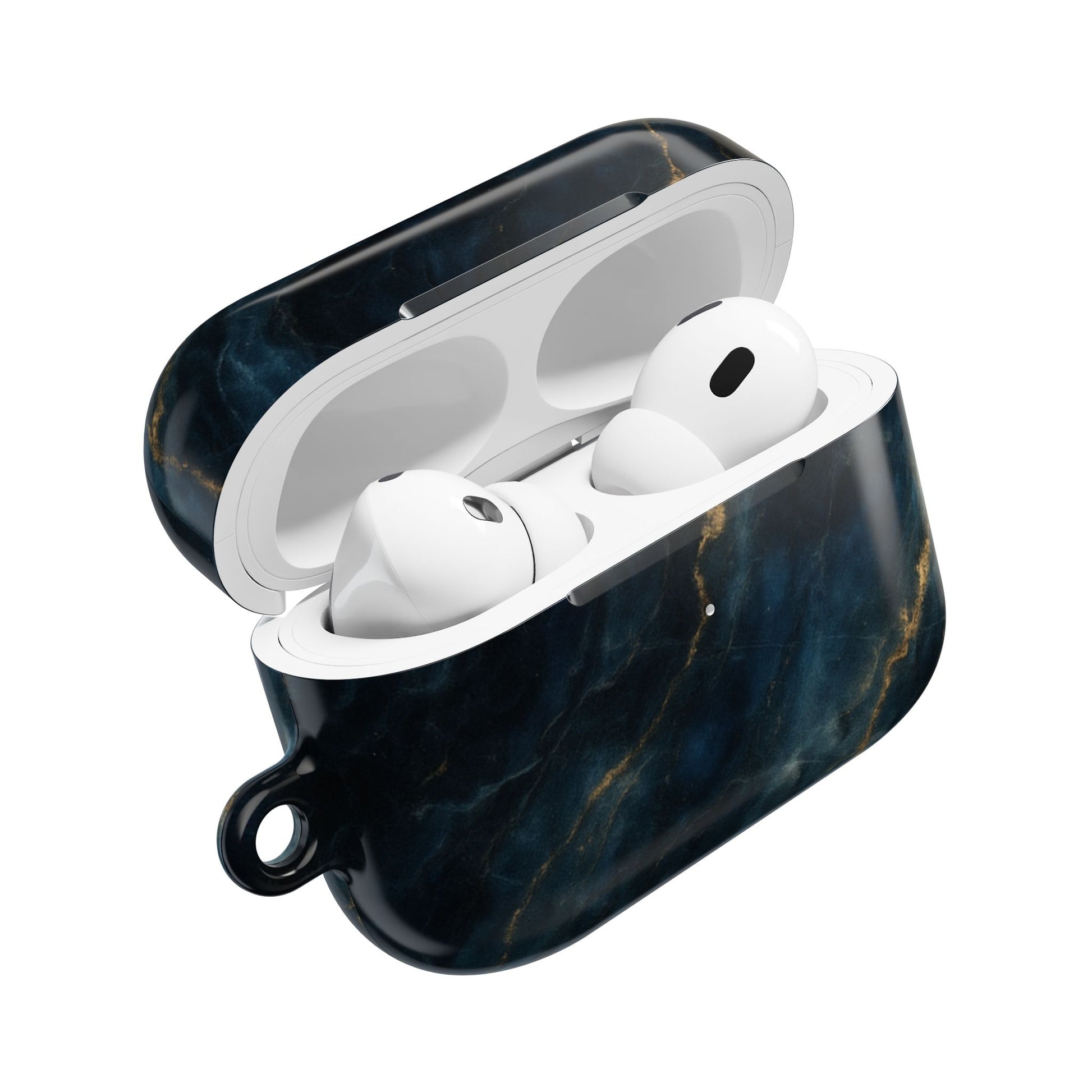 Midnight Marble AirPods case open showing protective cover with dark marble and gold veining artwork