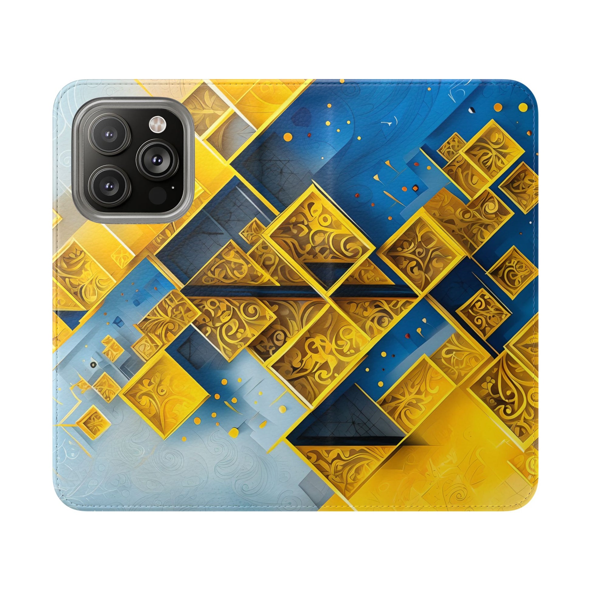 Golden Ascent Wallet Phone Case - Abstract Yellow & Blue Flip Cover for iPhone 14 Pro