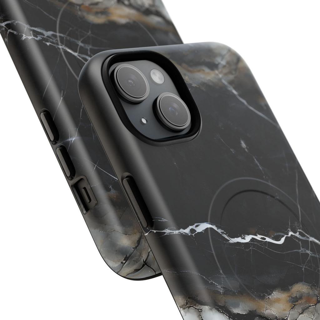 Obsidian Vein iPhone 15 Plus MagSafe Phone Case -Black Neutral Marble Design