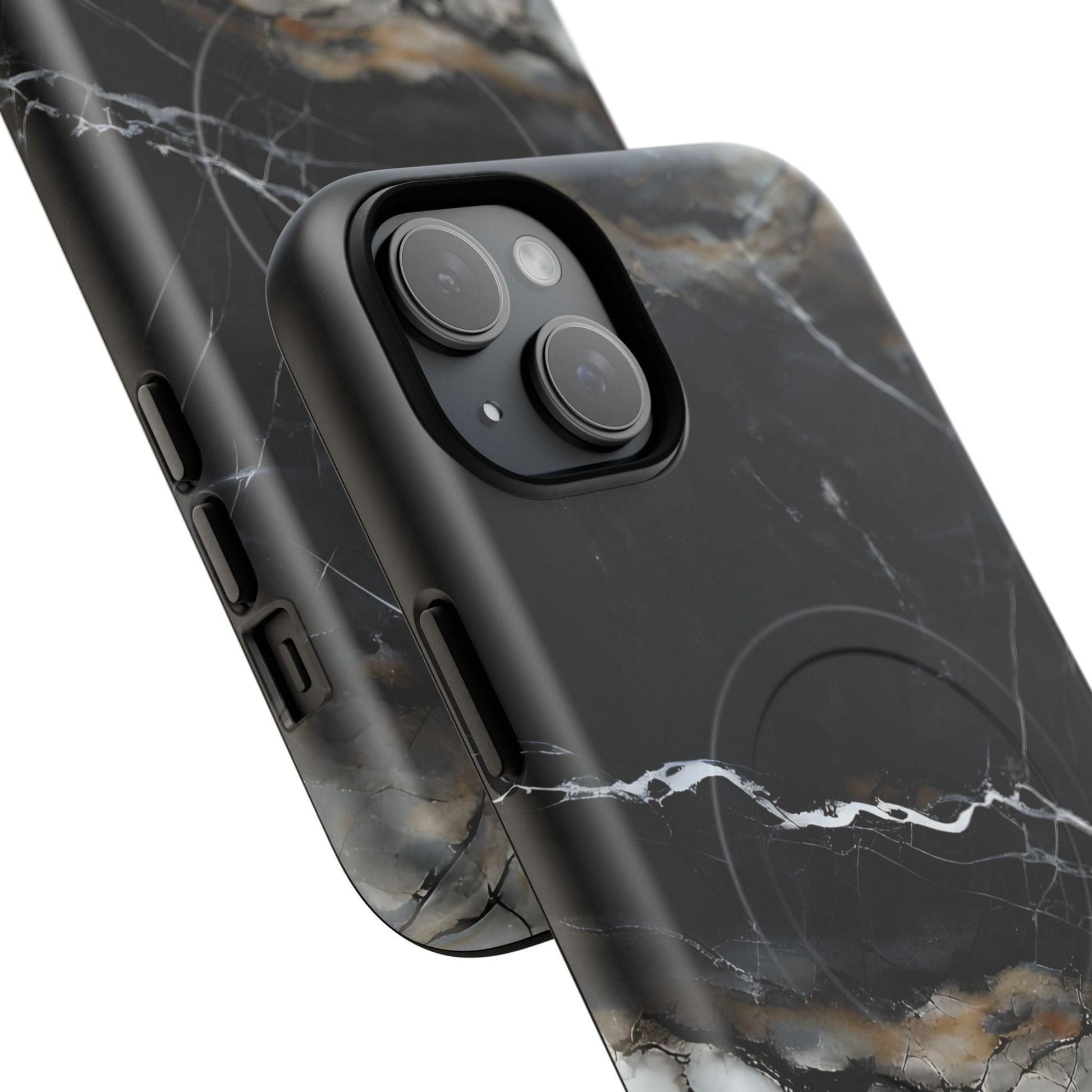 Obsidian Vein iPhone 15 Plus MagSafe Phone Case -Black Neutral Marble Design