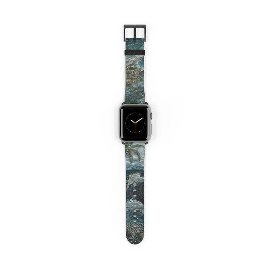 Tropical Midnight Wave Apple Watch band with watch face featuring dark ocean wave artwork in deep teal and midnight blue tones