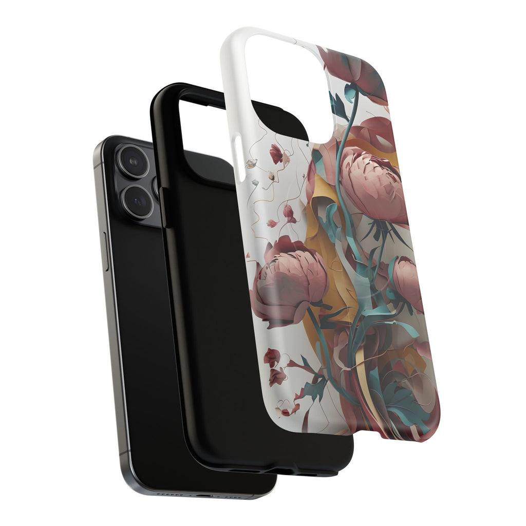 Blushing Peony Veil - Elegant Painterly Floral iPhone 15 Pro Max MagSafe Phone Case - Soft Blush & Teal Peony Design