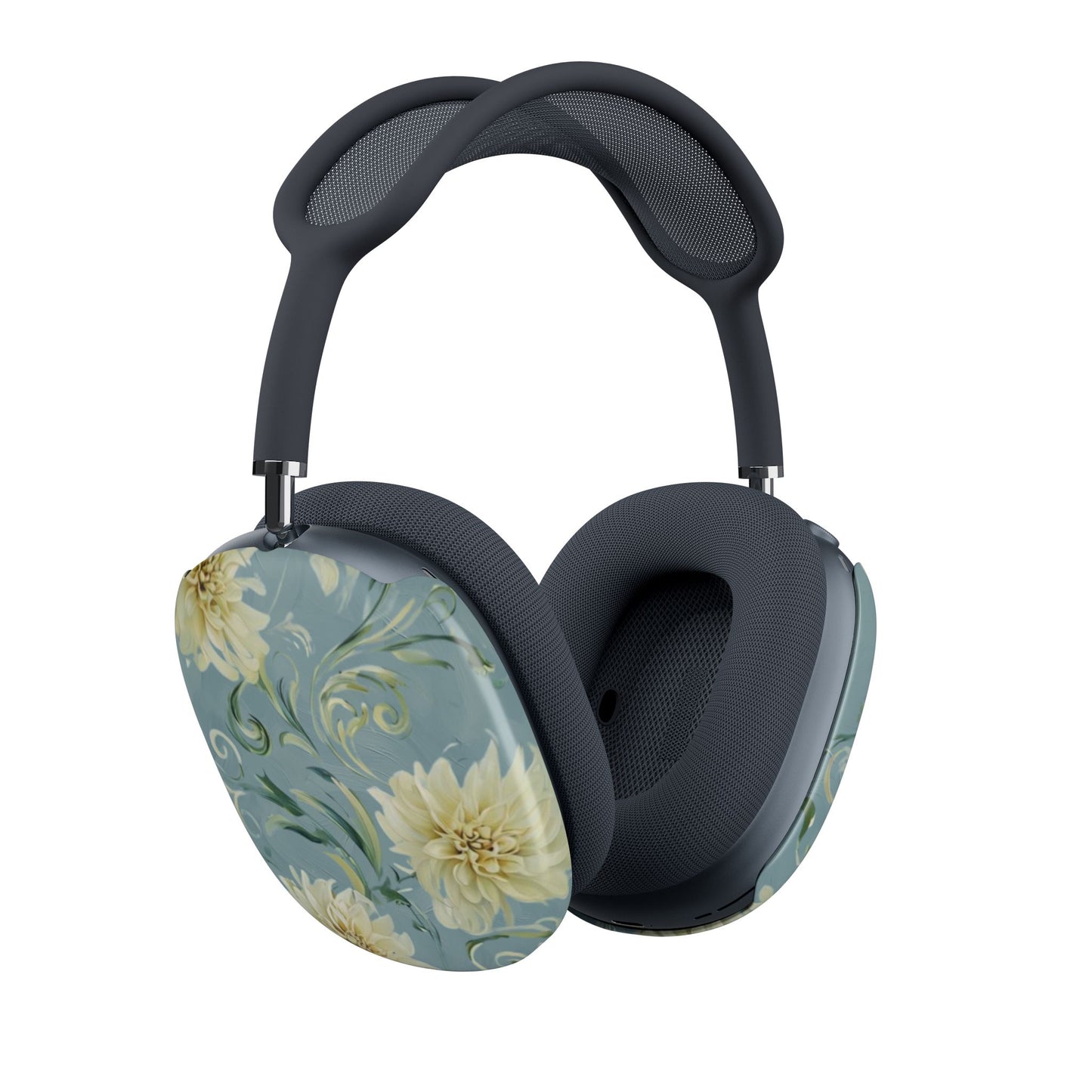 Golden Dahlia Trio AirPods Max cover set on Apple headphones, elegant blue and gold dahlia flower design for Apple AirPods Max, angled side view