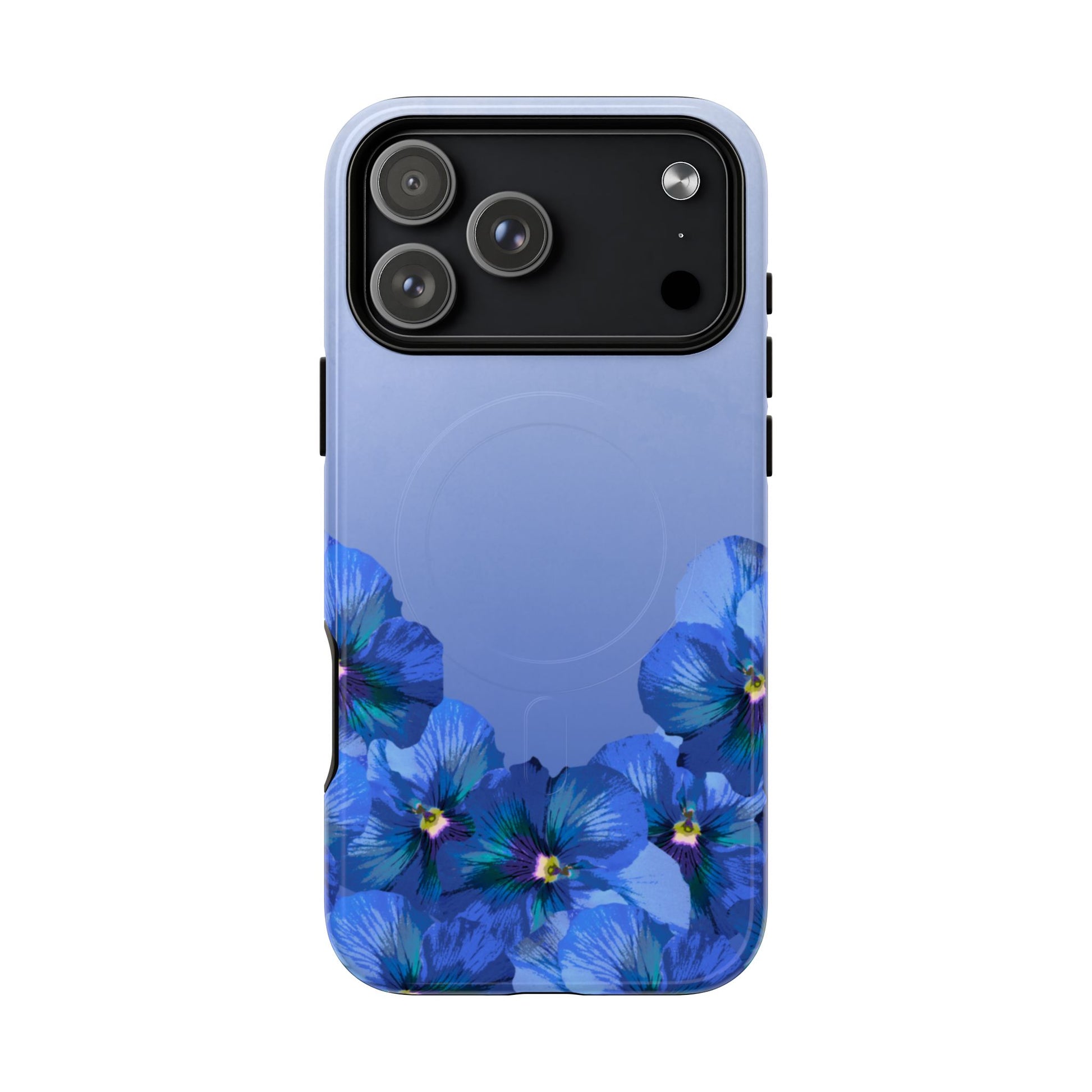 Blue Pansy Floral Gradient iPhone MagSafe case front view.
