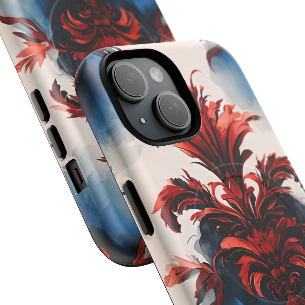 Crimson Plume - Bold Artistic Feather iPhone 15 MagSafe Phone Case - Dramatic Red & Blue Design