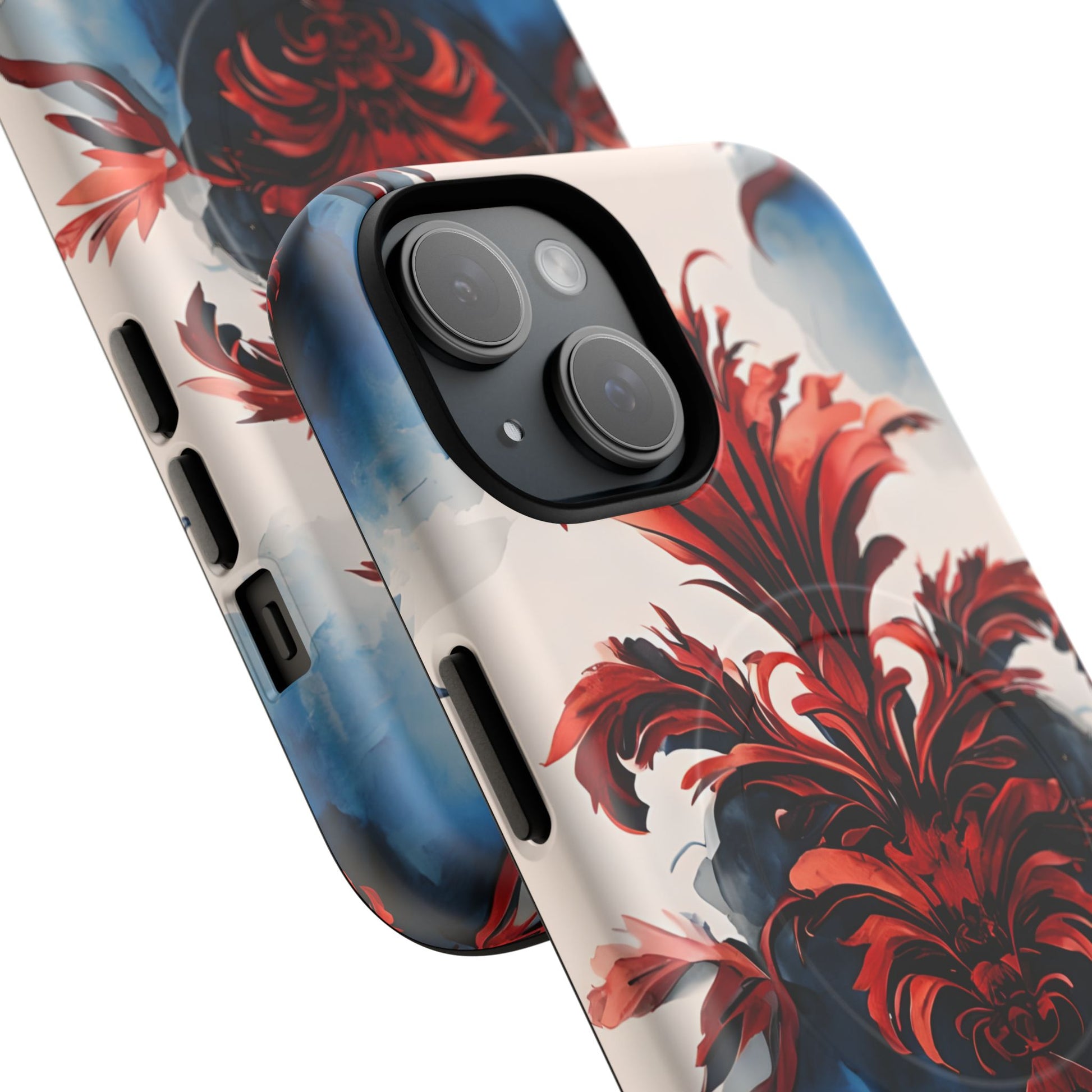 Crimson Plume - Bold Artistic Feather iPhone 15 MagSafe Phone Case - Dramatic Red & Blue Design