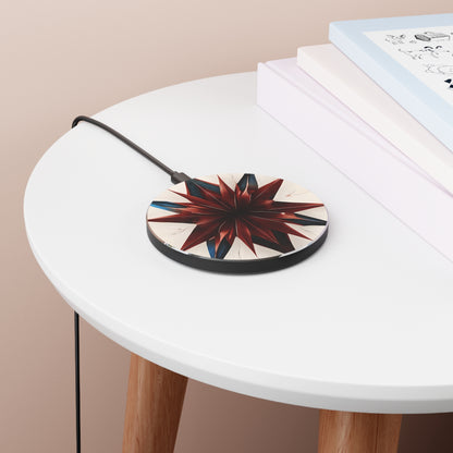Garnet Starburst red, white and blue geometric art Qi wireless charger on bedside table with books