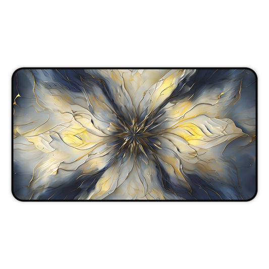 Luminous Petal desk mat featuring glowing golden petal mandala design on dark background