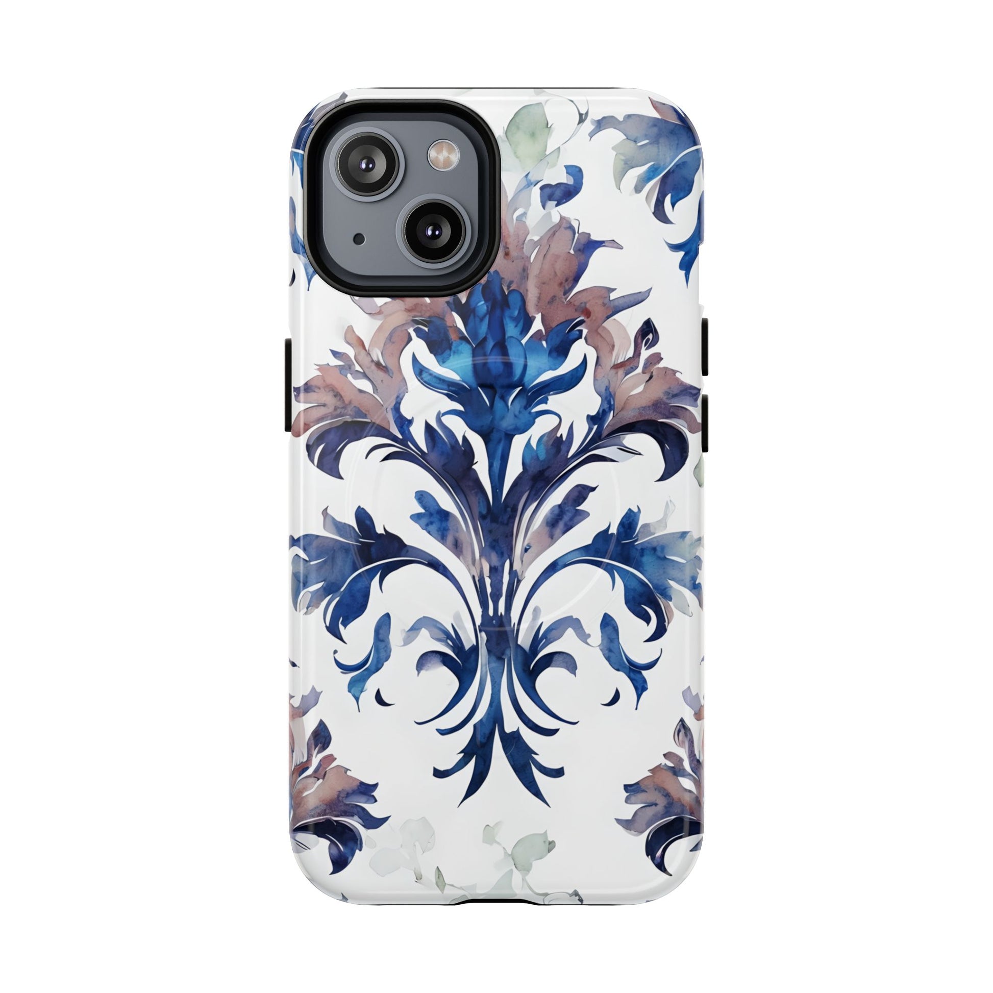 Delft Reverie - Elegant Blue & White iPhone 14 MagSafe Phone Case - Dutch Delftware-Inspired Floral Design