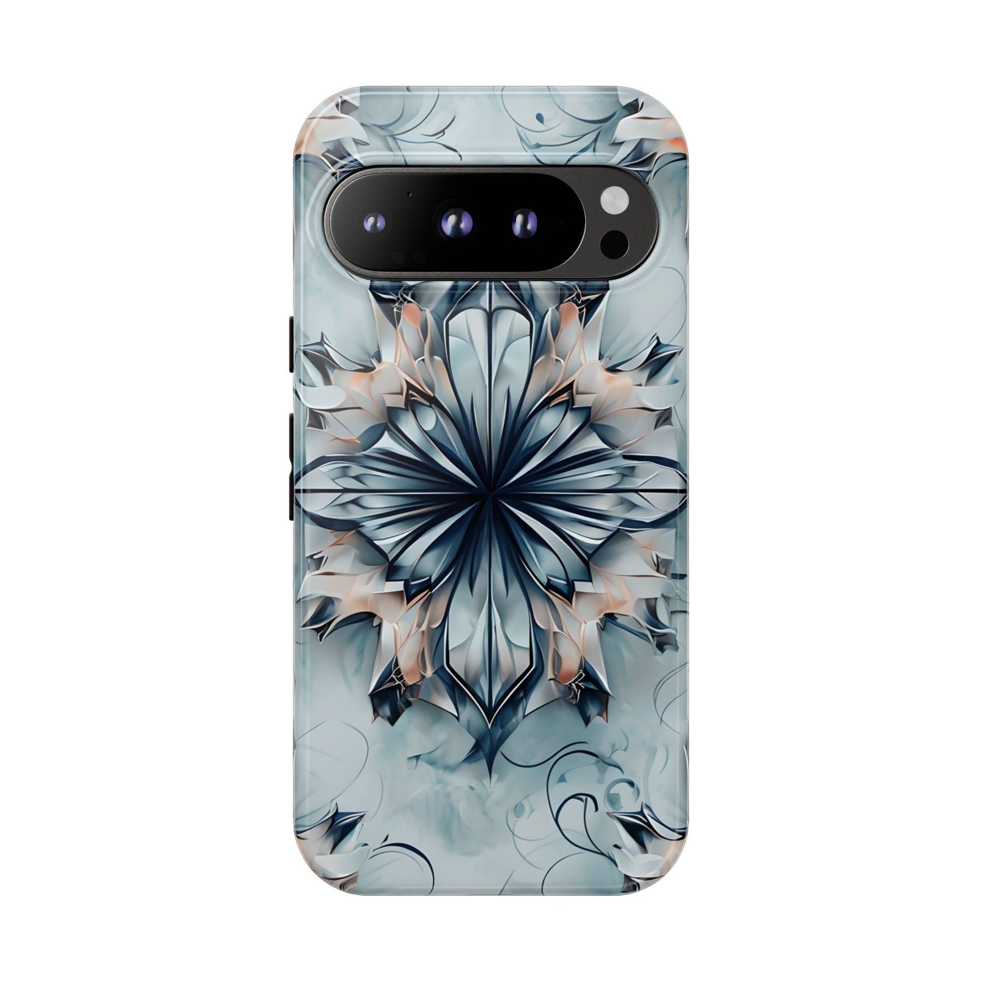 Indigo Mirage - Artistic Kaleidoscope Collection Artistic Floral - Google Pixel 9 Pro Tough Phone Case - Bold Indigo Symmetrical Design