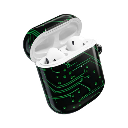 Green Circuit Grid AirPod Case - Green & Black Computer Design Earbud Cover for Gen 1, 2, 3, Pro Gen 1 & 2