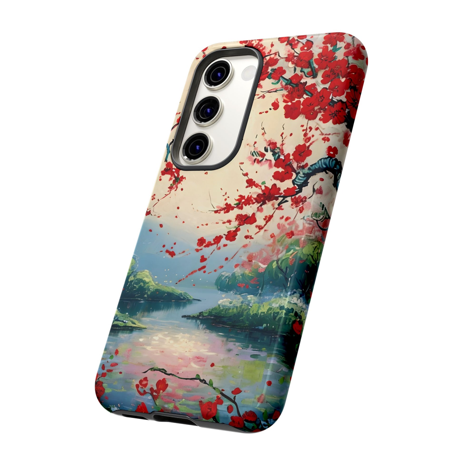 Crimson Blossom Lake - Artistic Floral Landscape Samsung Galaxy S23 Tough Phone Case - Red Cherry Blossoms & Serene Lake Design