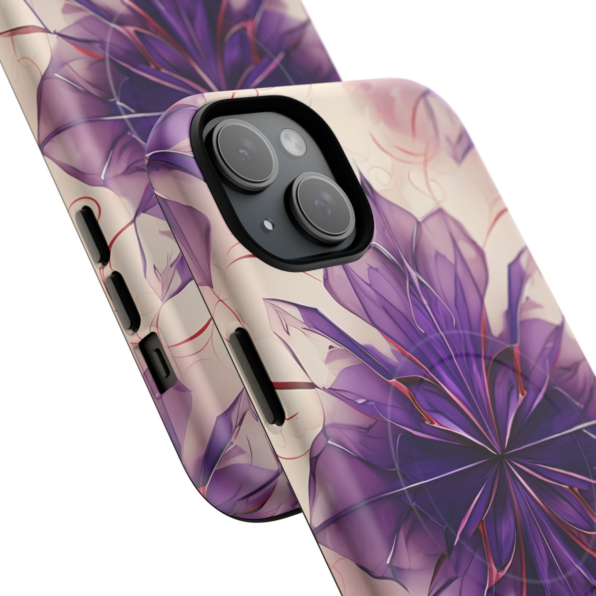 Violet Reverie - Kaleidoscope Collection Artistic Floral Burst - iPhone 15 Plus MagSafe Phone Case - Bold Purple Symmetrical Design