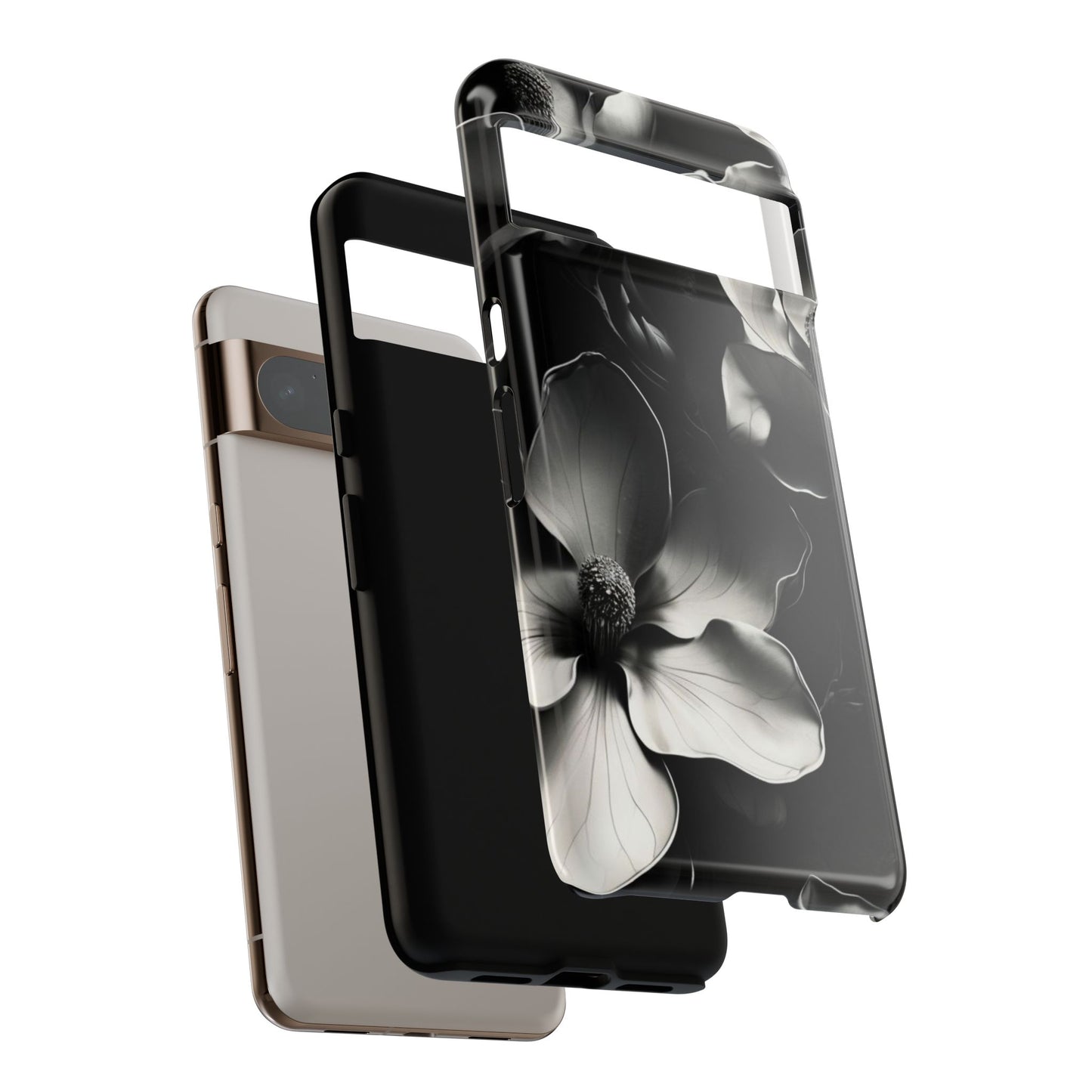 Monochrome Magnolia shockproof dual layer Google Pixel phone case with black and white magnolia design