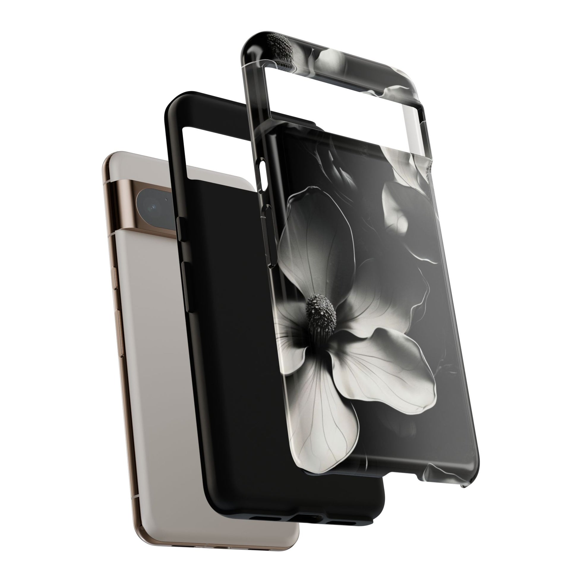 Monochrome Magnolia shockproof dual layer Google Pixel phone case with black and white magnolia design