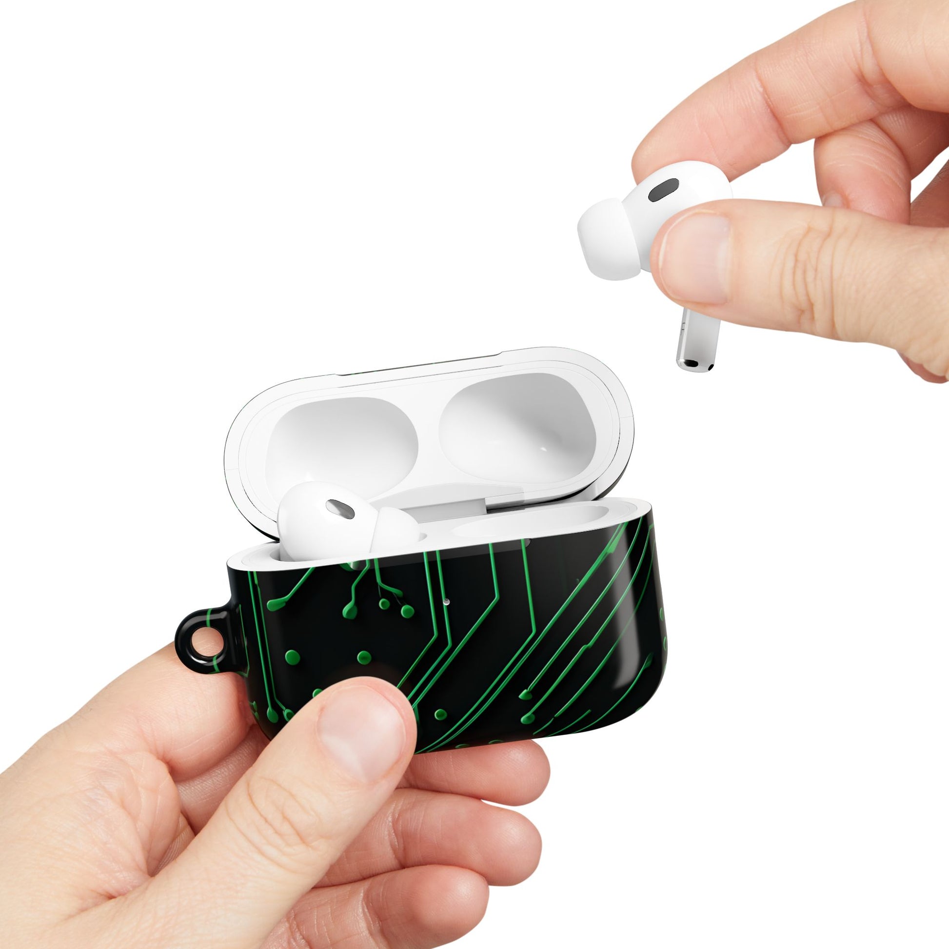 Hand placing AirPods into Green Circuit Grid AirPods case with green circuit board design