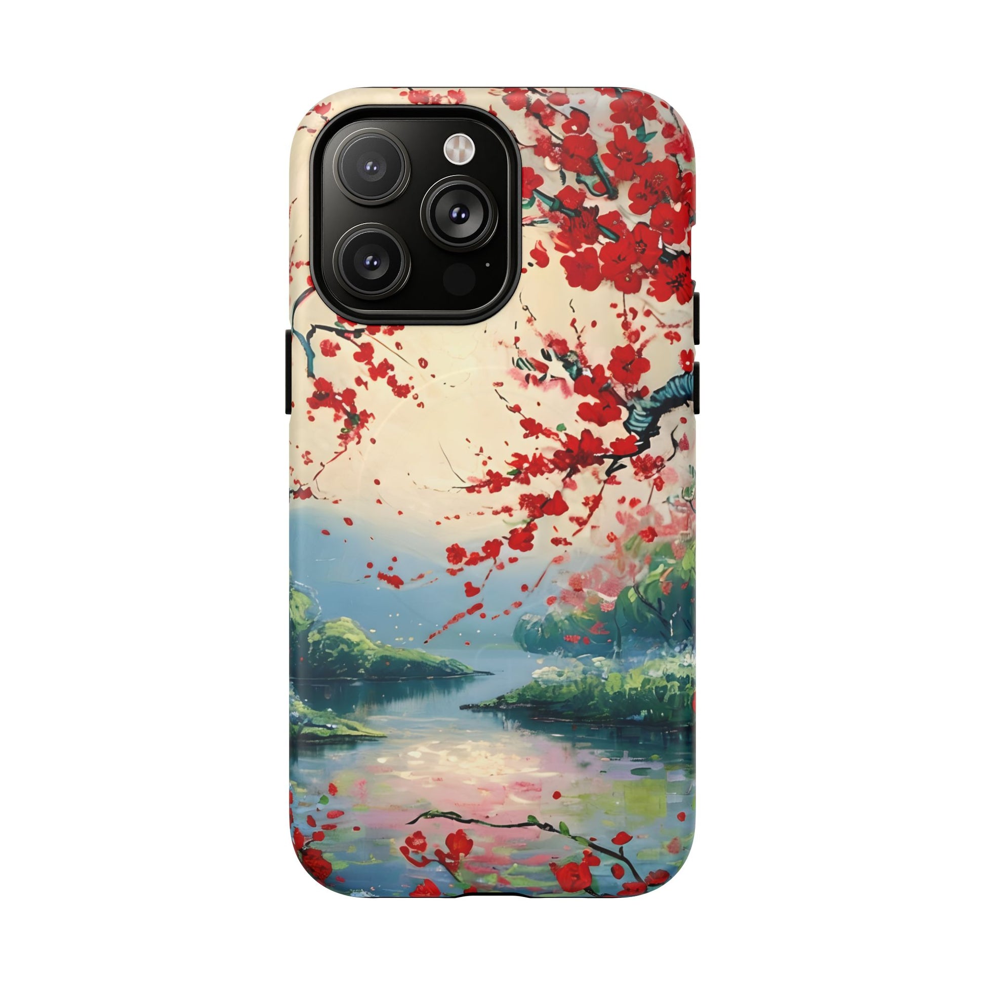 Crimson Blossom Lake - Artistic Floral Landscape iPhone 14 Pro Max MagSafe Phone Case - Red Cherry Blossoms & Serene Lake Design