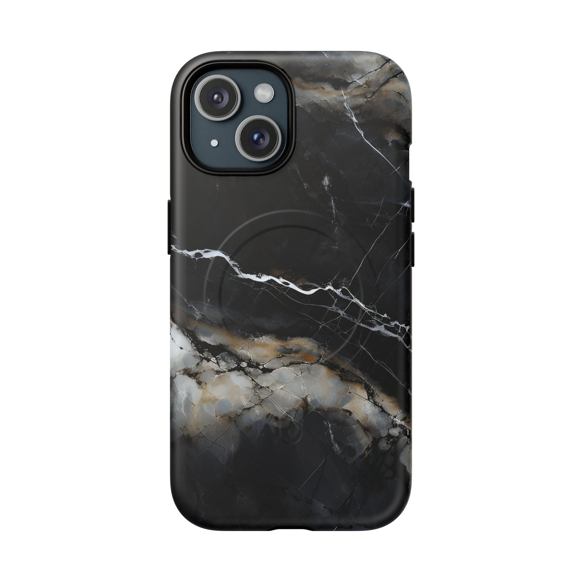 Obsidian Vein iPhone 15 MagSafe Phone Case -Black Neutral Marble Design