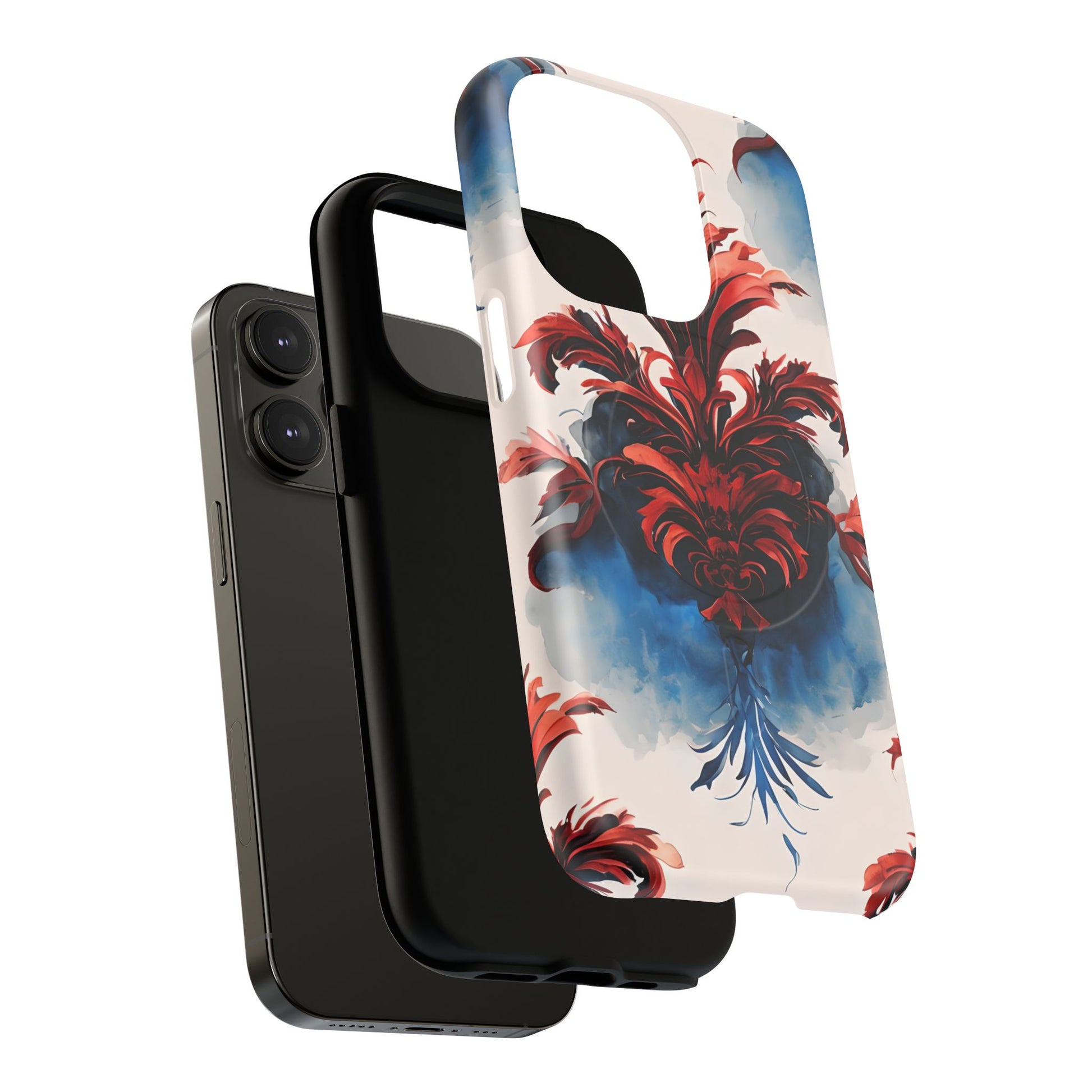 Crimson Plume - Bold Artistic Feather iPhone 14 Pro MagSafe Phone Case - Dramatic Red & Blue Design