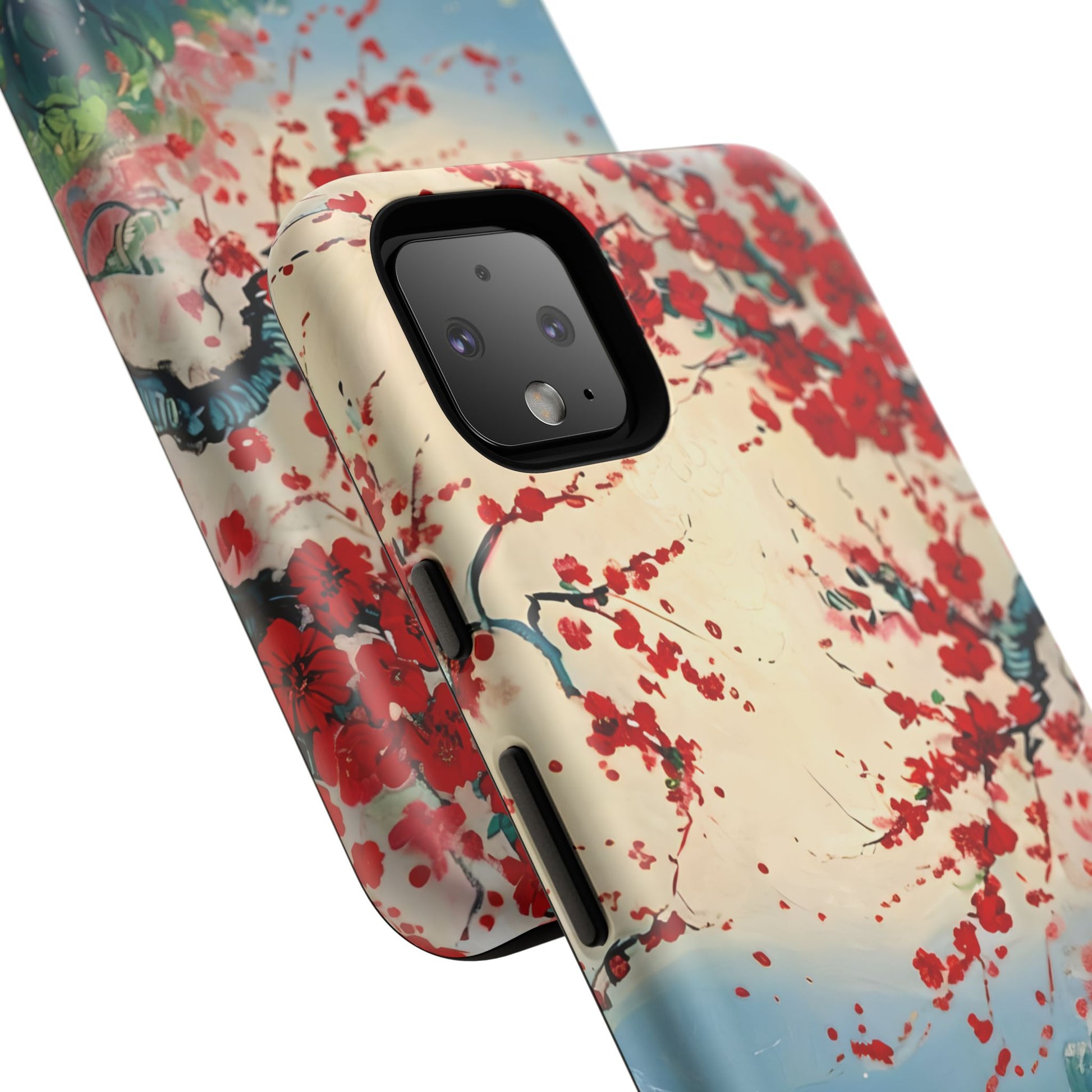 Crimson Blossom Lake - Artistic Floral Landscape Google Pixel 4XL Tough Phone Case - Red Cherry Blossoms & Serene Lake Design