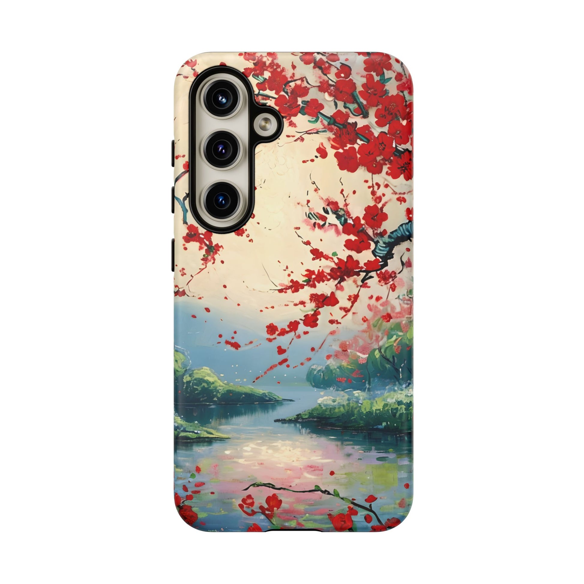 Crimson Blossom Lake - Artistic Floral Landscape Samsung Galaxy S24 Tough Phone Case - Red Cherry Blossoms & Serene Lake Design