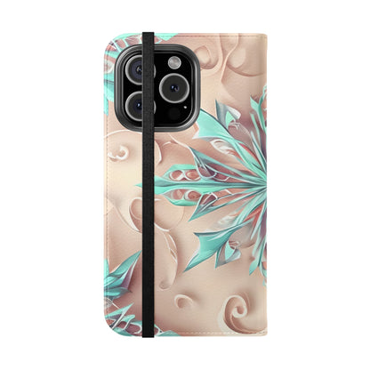Frosted Petals iPhone Wallet Case - Soft Floral Kaleidoscope Design in Blush & Aqua