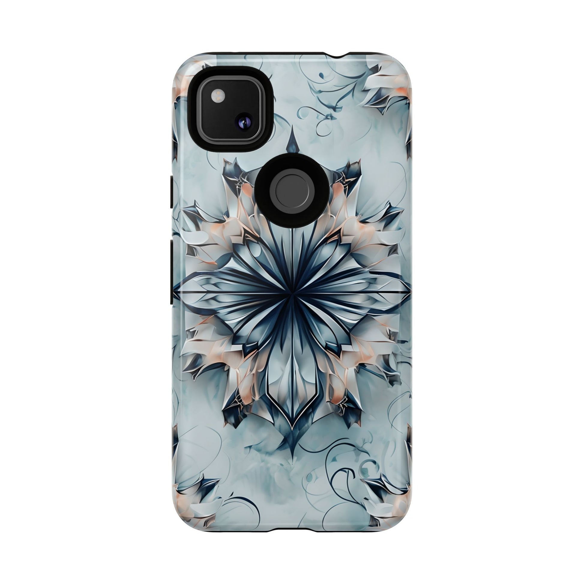 Indigo Mirage - Artistic Kaleidoscope Collection Artistic Floral - Google Pixel 4a Tough Phone Case - Bold Indigo Symmetrical Design