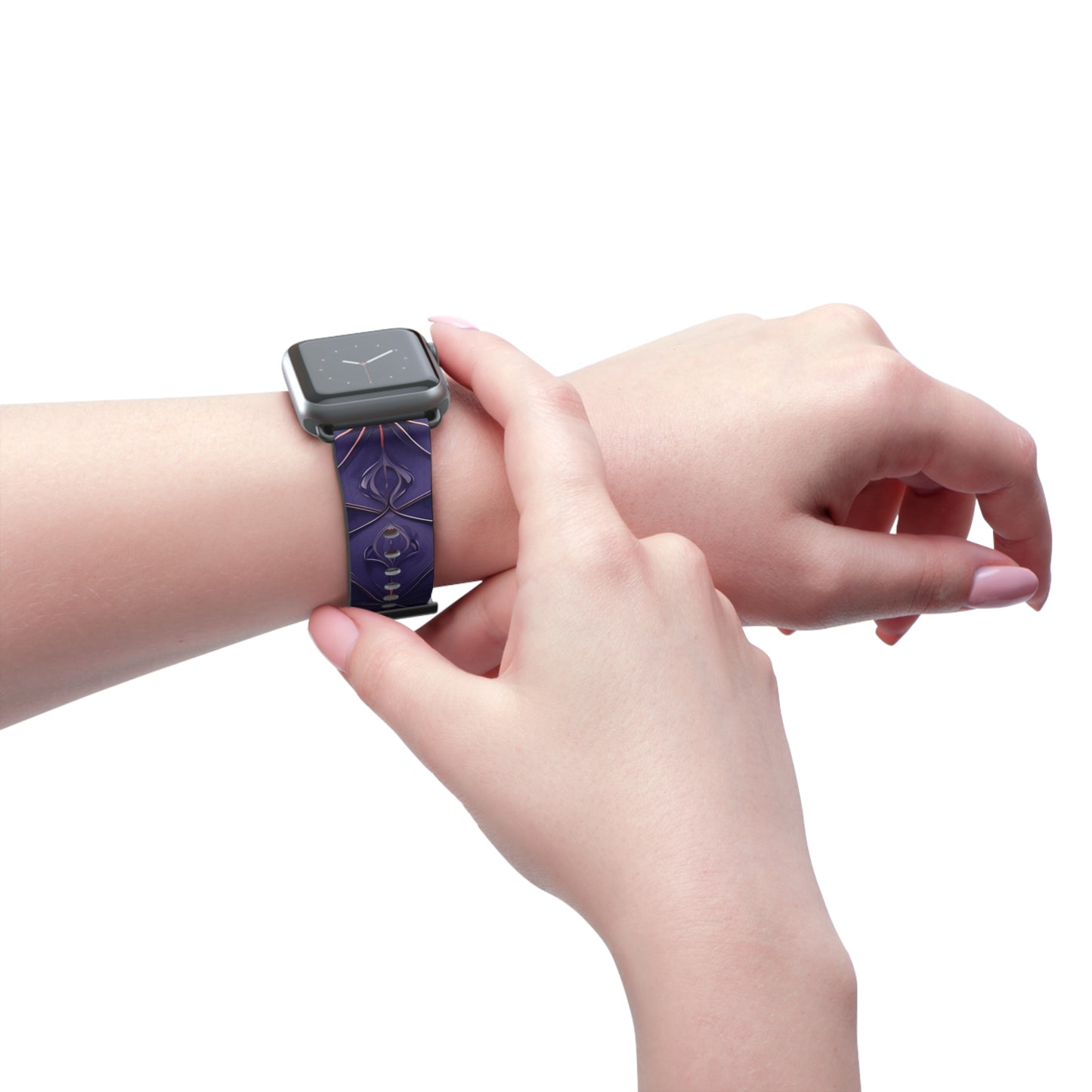 Violet Nebula Apple Watch band worn on wrist featuring deep violet nebula inspired celestial geometric design